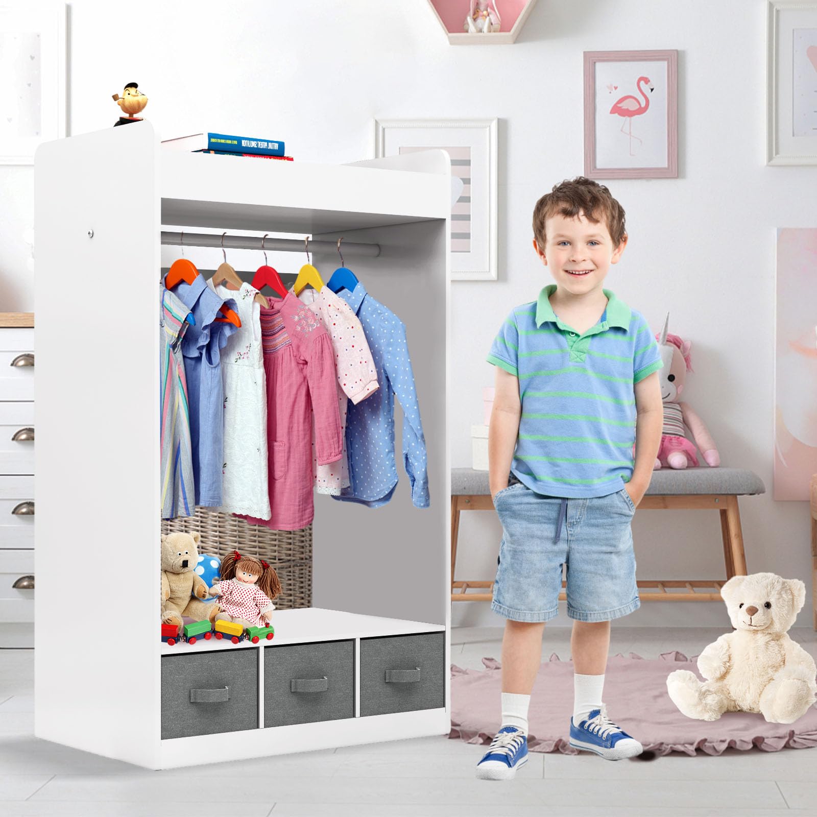 BELANITAS Kids Dress Up Storage Organizer with Mirror & 3 Drawers - White Toy Clothes Rack for Bedroom, Birthday & Children's Day Gift - Perfect for Pretend Play, Costume Storage & Kids Room Organization