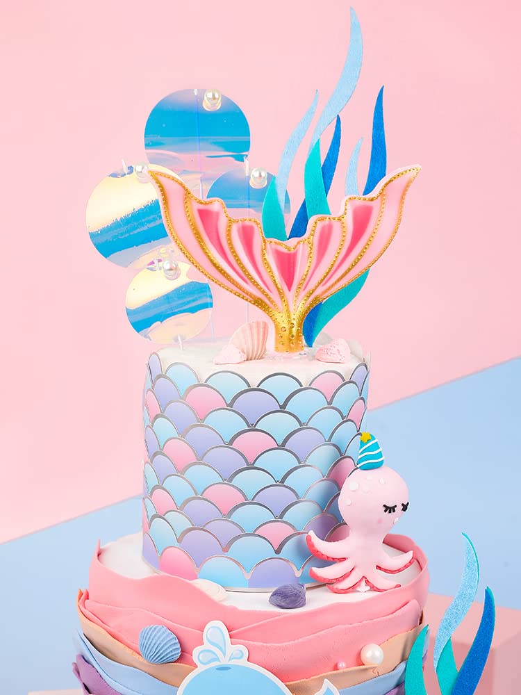 8 PCS Glitter Mermaid Cake Toppers - Under the Sea Party Supplies, Ocean Animal & Mermaid Scale Cake Decorations for Birthday, Baby Shower & Themed Parties