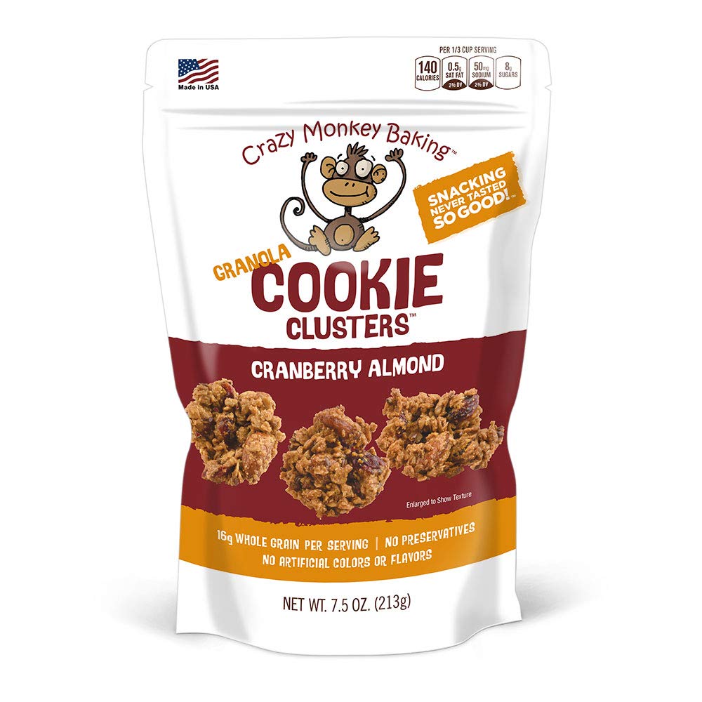 Crazy Monkey Baking Granola Cookie Clusters - 18g Whole Grain Healthy Snack, All Natural Ingredients, 7.5oz Resealable Bag (Cranberry Almond) - Perfect for Breakfast, Hiking & Office Snacks