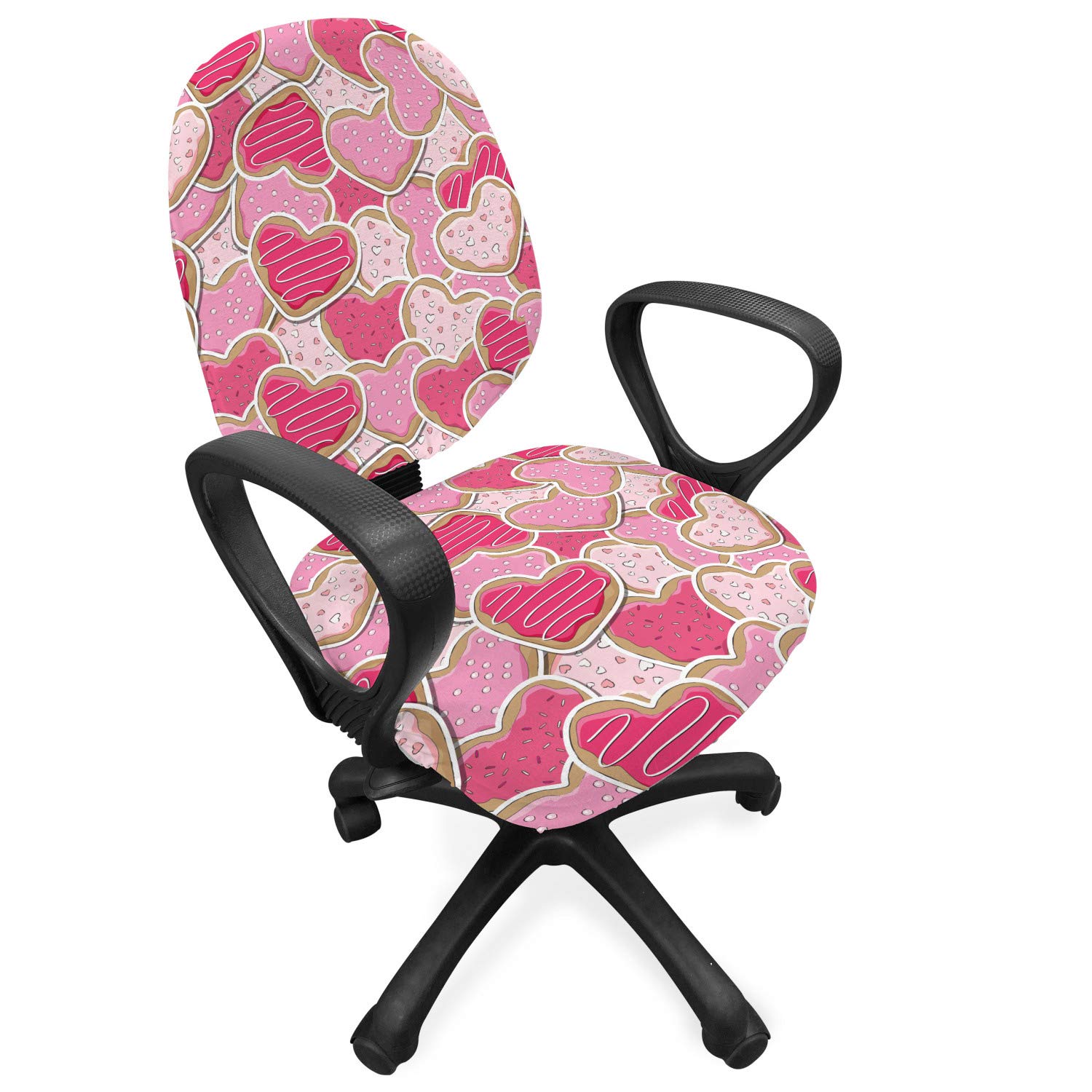 Ambesonne Valentine's Day Office Chair Slipcover - Heart Cookie Design Stretch Fabric Cover in Pale Brown & Pink | Perfect for Valentine's Decor, Home Office, and Romantic Surprises