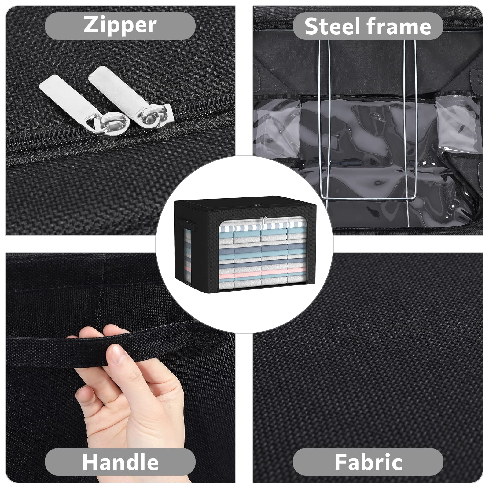 2-Pack Large Foldable Clothes Storage Bins with Metal Frame - 19.7x15.7x12.6 Inch Linen Fabric Organizer Set with Clear Window & Handles (Black) - Perfect for Closet, Bedroom, Nursery & Seasonal Storage