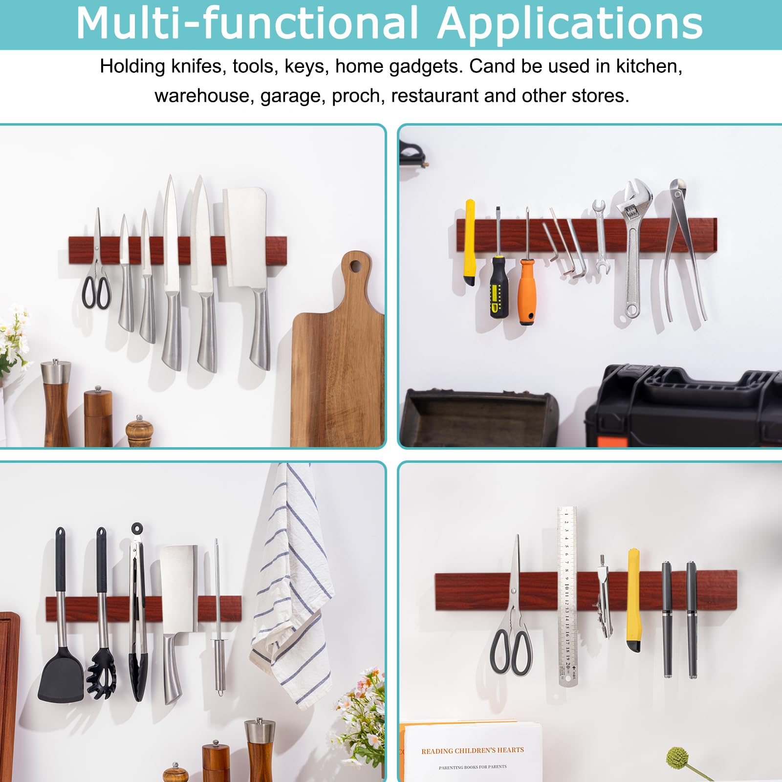 16-Inch Magnetic Knife Holder - Stainless Steel Knife Storage Rack with Wooden Pattern Design | Wall-Mounted Knife Organizer for Kitchen, Restaurant & Home Use