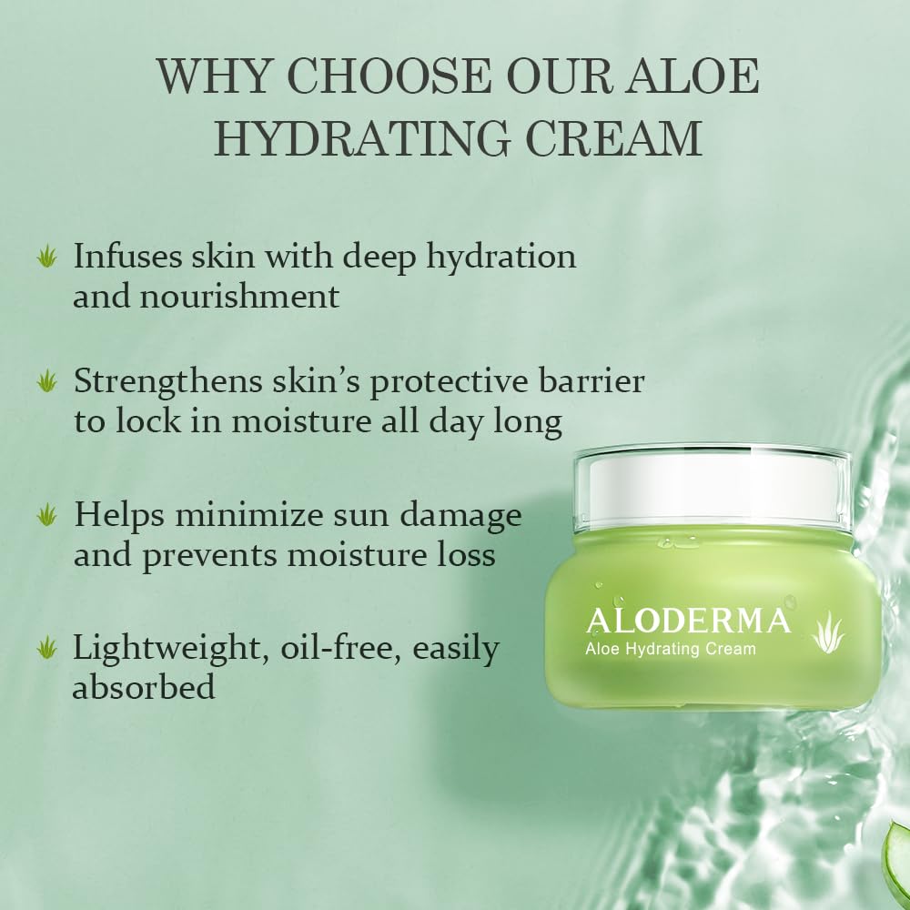 Aloderma Hydrating Face Cream for Dry Skin - 70% Organic Aloe Vera with Hyaluronic Acid & Arginine - Natural Moisturizer for Dry & Sensitive Skin - Deep Hydration & Nourishment - 1.7oz - Perfect for Daily Skincare Routine & Nighttime Moisturizing