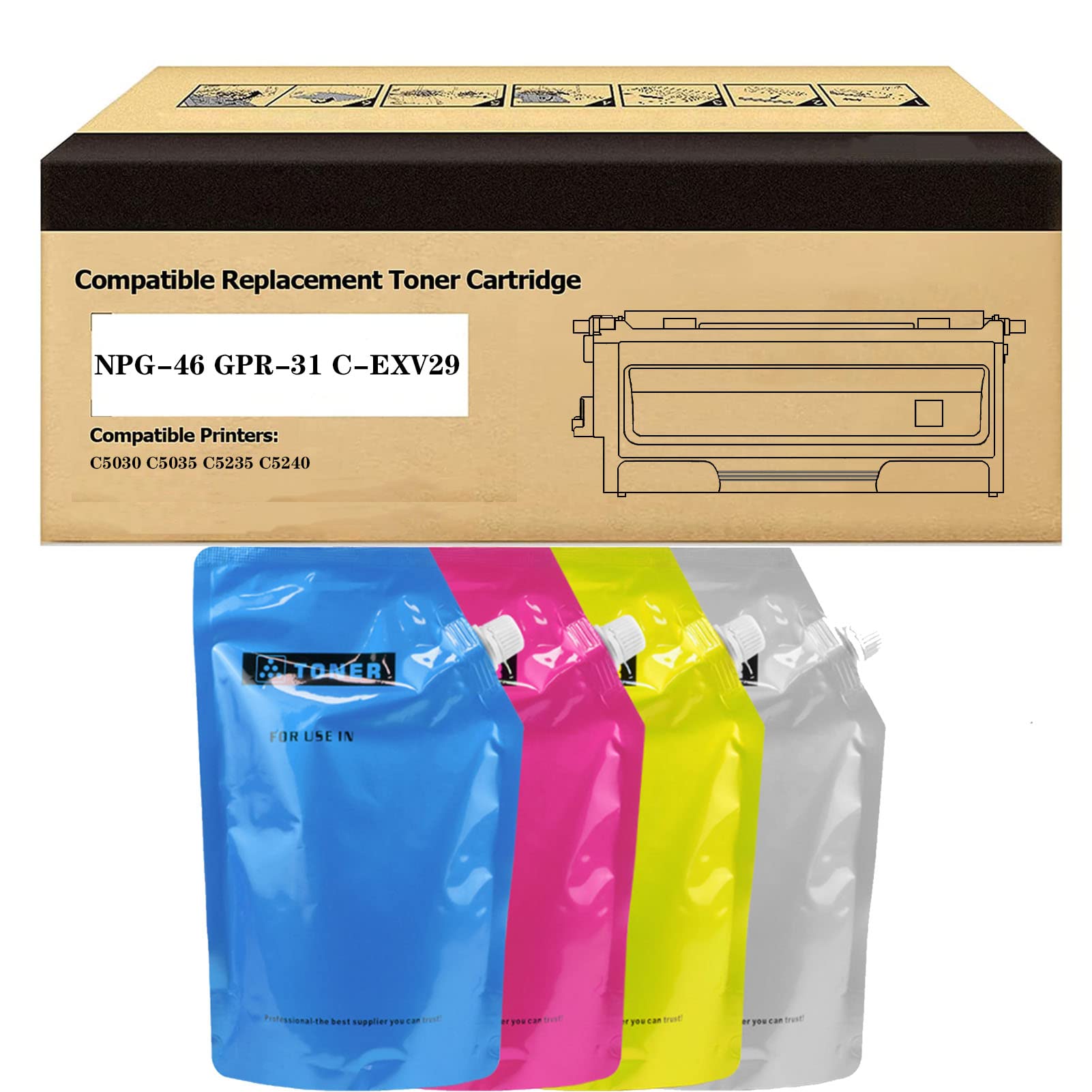Canon C5030 C5035 C5235 C5240 Compatible Toner Cartridge Refill Powder - High Performance 500g 4-Color Replacement for ZLOR NPG-46 GPR-31 C-EXV29 | Ideal for Office Printing, Business Documents & High-Volume Copying
