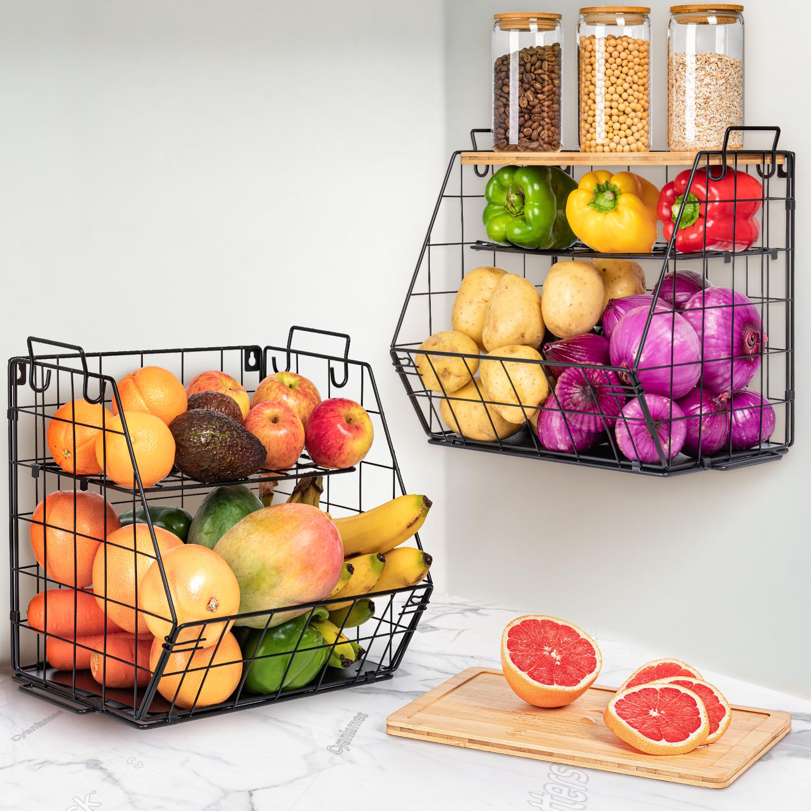 3-Tier Bamboo Fruit Basket with Cutting Board - Stackable Kitchen Organizer for Fruits, Vegetables, Onions & Potatoes - Countertop, Cabinet & Pantry Storage Solution - Perfect for Small Kitchen Organization & Space Saving