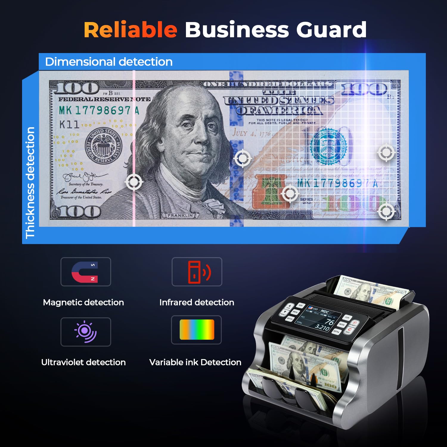 MUNBYN IMC09 Mixed Denomination Money Counter Machine with UV/MG/IR/MT Detection - Value Counting & Printing for USD, EUR, MXN - 3.5