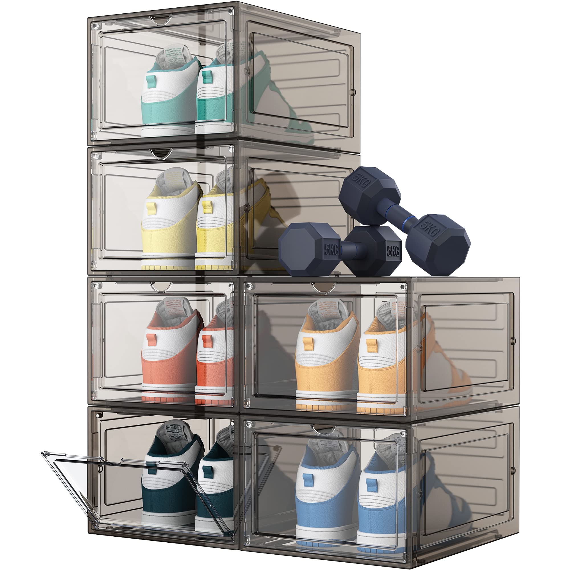 6 Pack Clear Stackable Shoe Storage Boxes with Lids - Hard Plastic Shoe Organizer for Size 13 (Smoke Color) - Perfect for Closet Organization, Sneaker Display & Seasonal Shoe Storage