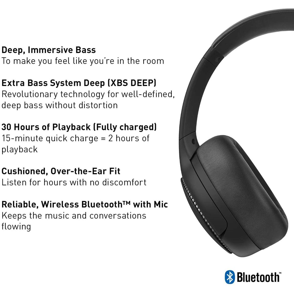Panasonic RB-M500B Wireless Bluetooth Headphones with Deep Bass, XBS DEEP & Bass Reactor Technology - Immersive Sound for Music, Gaming & Movies (Black)