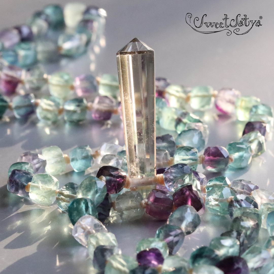 Fluorite Mala Beads Necklace - SweetSatya Spiritual Jewelry for Meditation, Yoga & Positive Energy | Handmade Healing Crystal Buddhist Prayer Beads