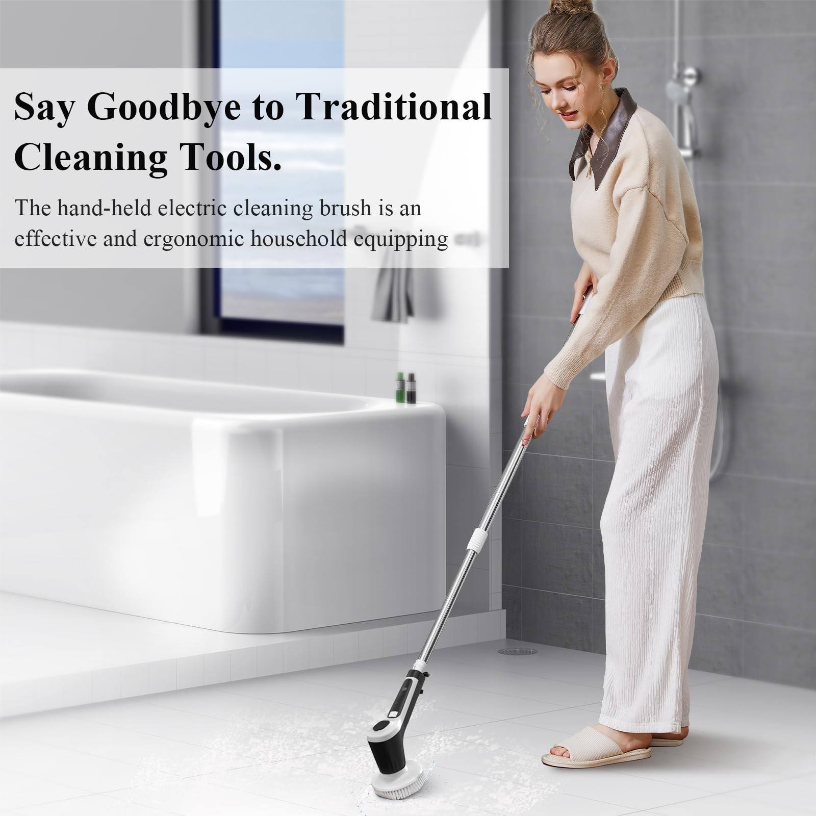Electric Spin Scrubber - Powerful Shower & Bathroom Cleaner with 6 Multi-Function Brush Heads, 2 Speed Settings & Adjustable Extension Handle - Ideal for Tile Floors, Kitchen, Bathtub Cleaning - Perfect for Deep Cleaning Grout, Sinks, and Hard-to-Reach Areas