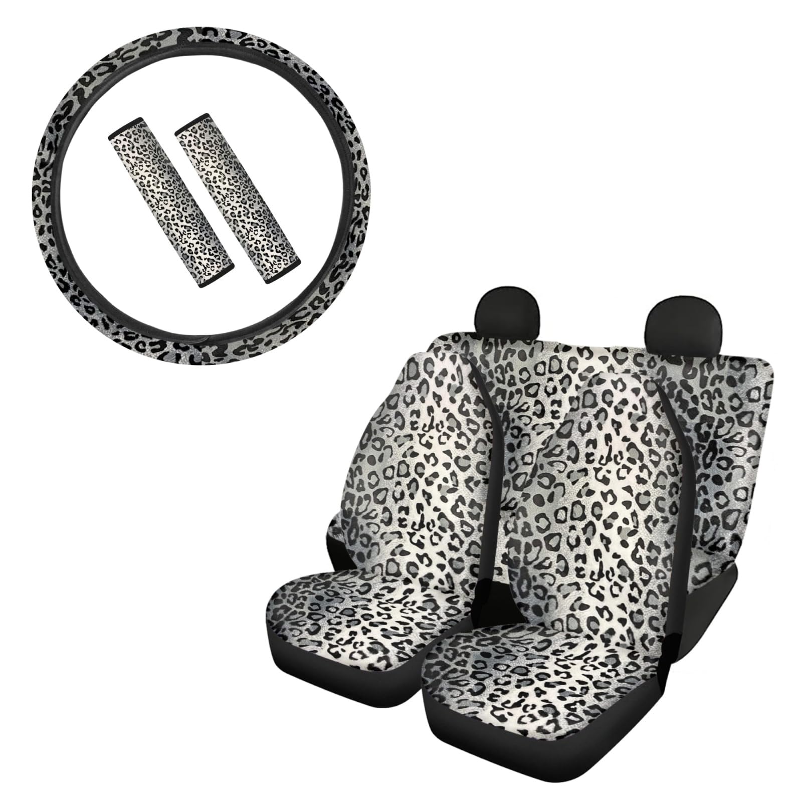 7-Piece Universal Car Seat Covers Set with Steering Wheel Cover & Seatbelt Pads - Cheetah Leopard Stripe Pattern Auto Accessories for Front & Rear Seats | Perfect for Road Trips, Daily Commutes & Car Interior Protection