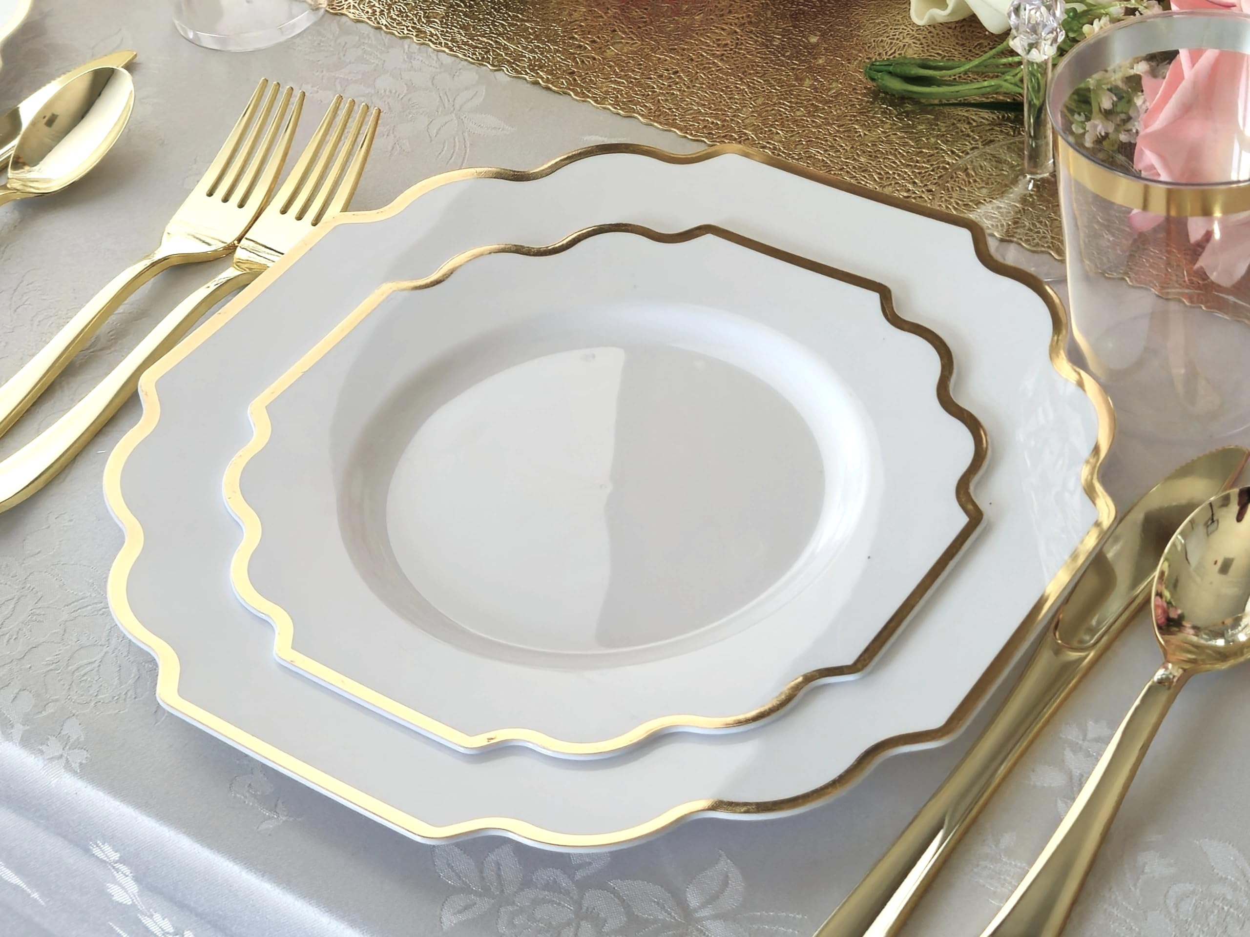 320-Piece Heavyweight Disposable Plastic Plate Set for 40 Guests - 10.5'' & 8'' Plates, Silverware, Cups, Napkins in Imperial White & Gold - Perfect for Weddings, Parties, Catering & Special Events