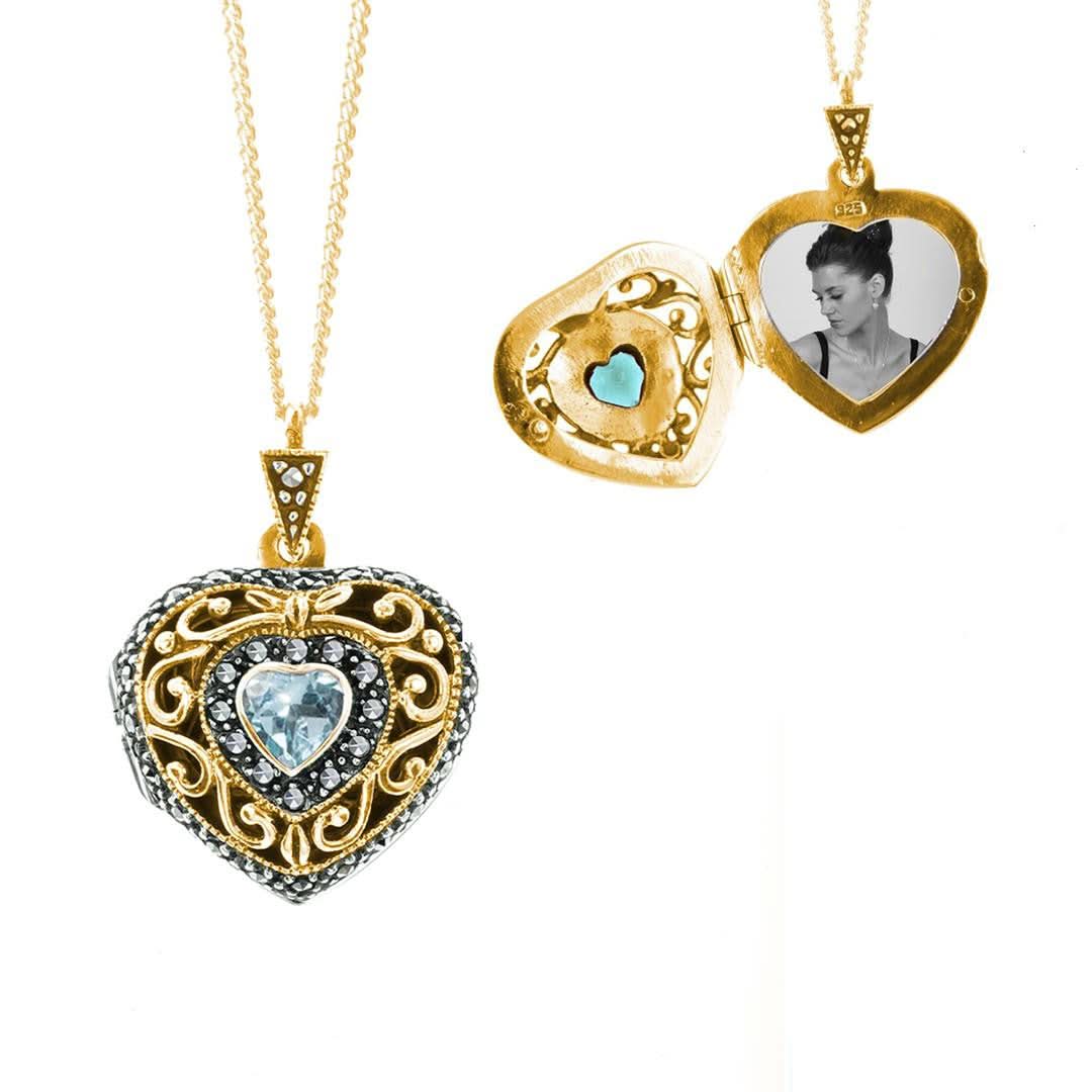 Blue Topaz Vintage Heart Locket Necklace in Gold - Perfect for Valentine's Day Gifts & Romantic Occasions