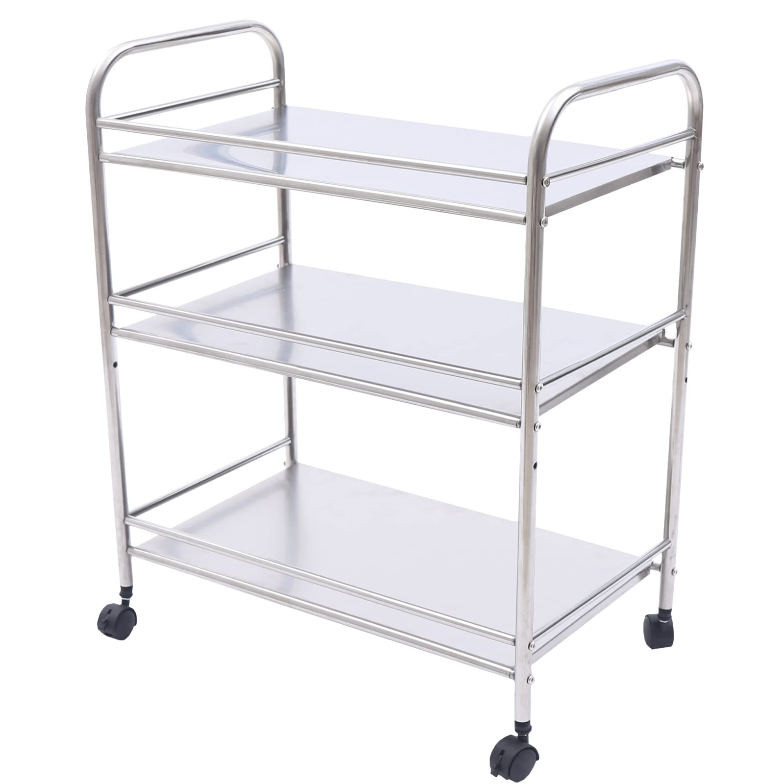 3-Tier Stainless Steel Utility Cart with Wheels & Handle - Rolling Serving Cart for Kitchen, Office, Catering - Food Storage Trolley & Display Shelf for Home, Restaurant, and Commercial Use