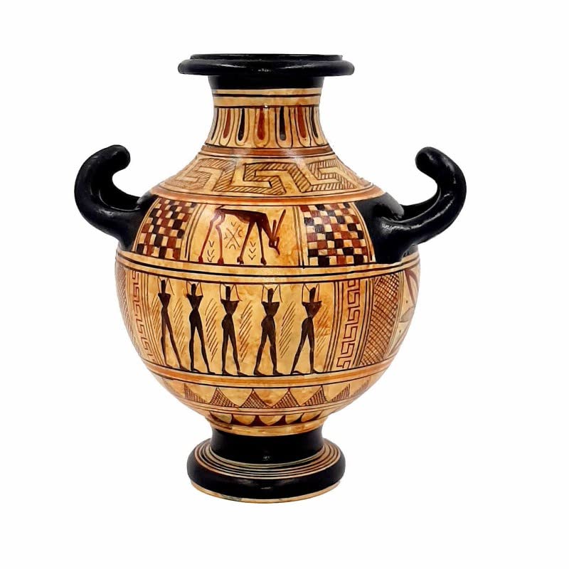 Ancient Greek Geometric Hydria Vase - 16cm Handcrafted Ceramic Pottery with 3 Handles - Perfect for Home Decor, Wedding Centerpieces & Museum-Quality Collectibles
