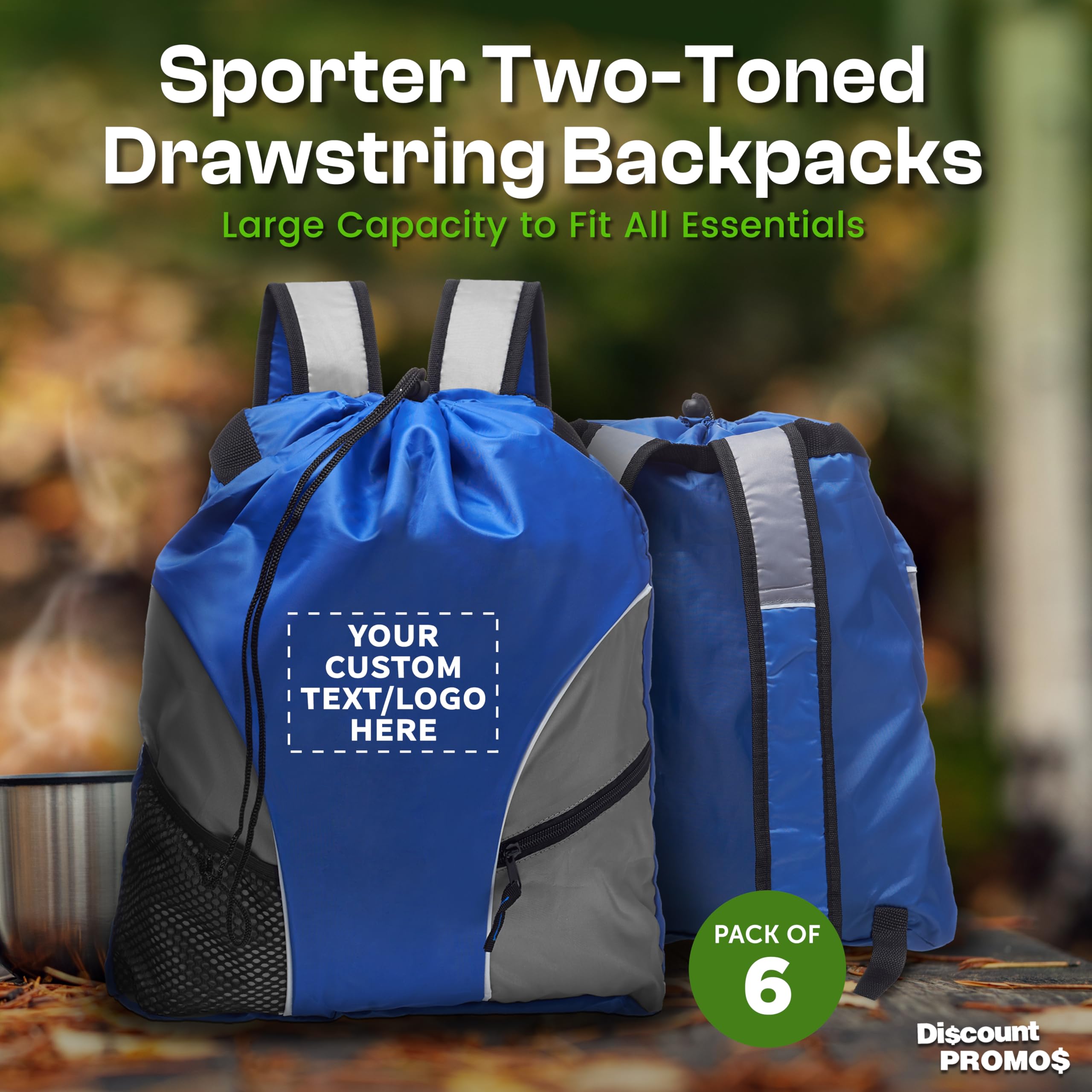 Custom Sporter 6-Pack Drawstring Backpacks - Personalized Bulk Cinch Bags for Gym, Travel & Sports - Lightweight Unisex Backpacks in Blue - Perfect for School, Workouts, Beach & Outdoor Activities