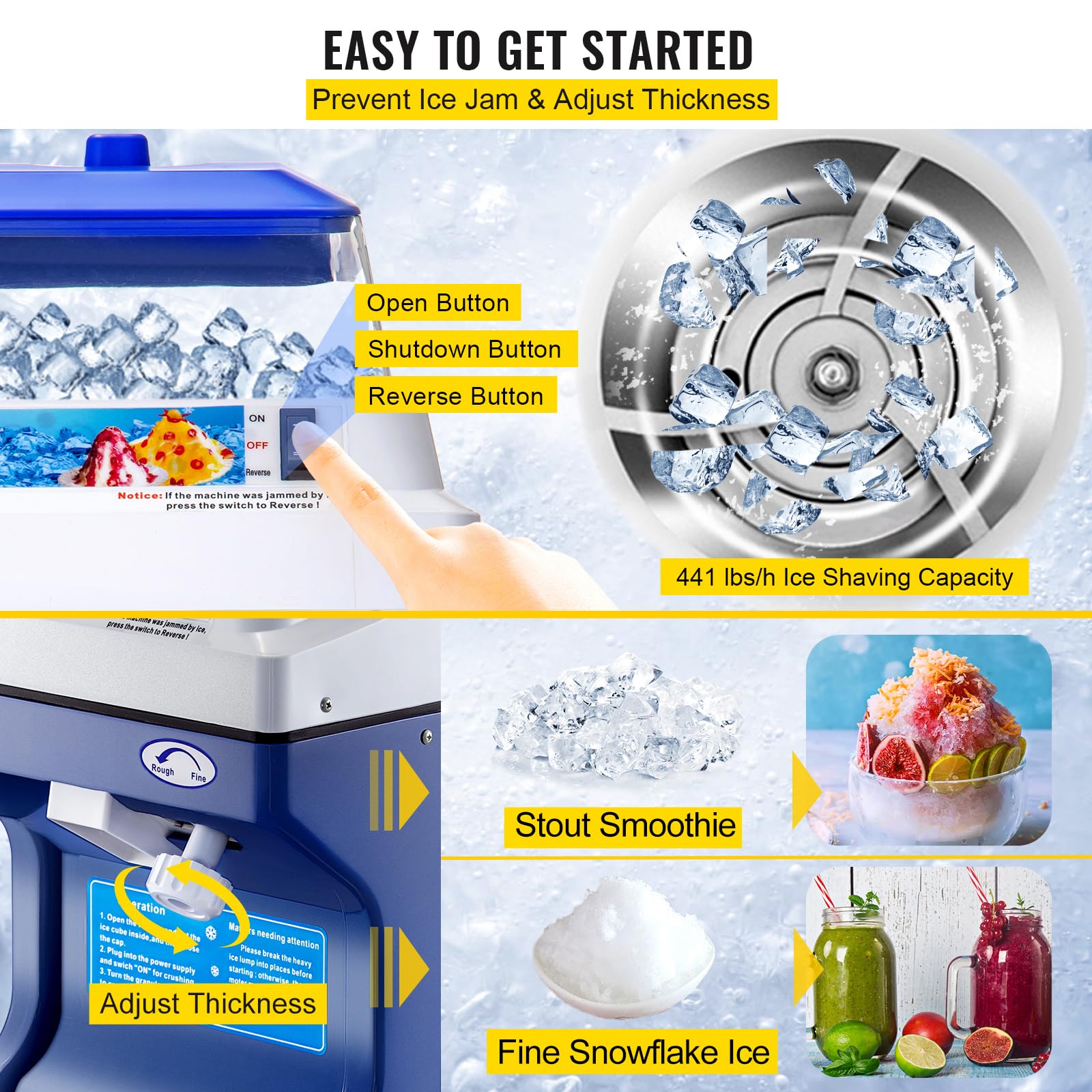 Happybuy 110V Commercial Ice Shaver Crusher - 441LBS/H Heavy Duty Electric Snow Cone Maker with 11LBS Hopper, 300W for Parties, Events, Snack Bars, Restaurants & Home Use - Perfect for Summer Treats, Cocktails & Desserts