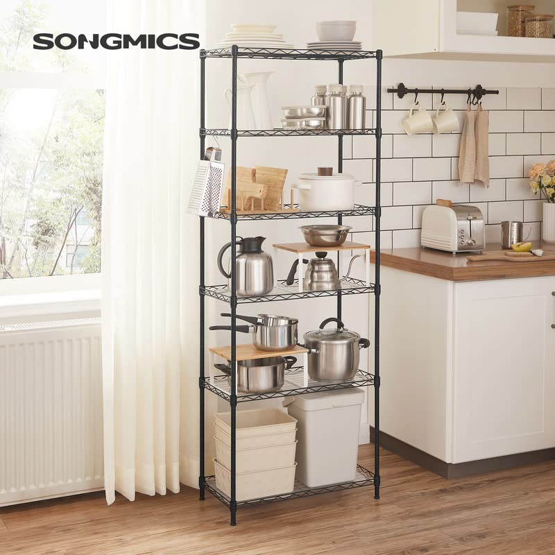 SONGMICS 6-Tier Metal Storage Shelves, Heavy Duty Wire Shelving Unit for Kitchen, Garage, Pantry - Adjustable Shelves with Shelf Liners & 8 Hooks - 11.4