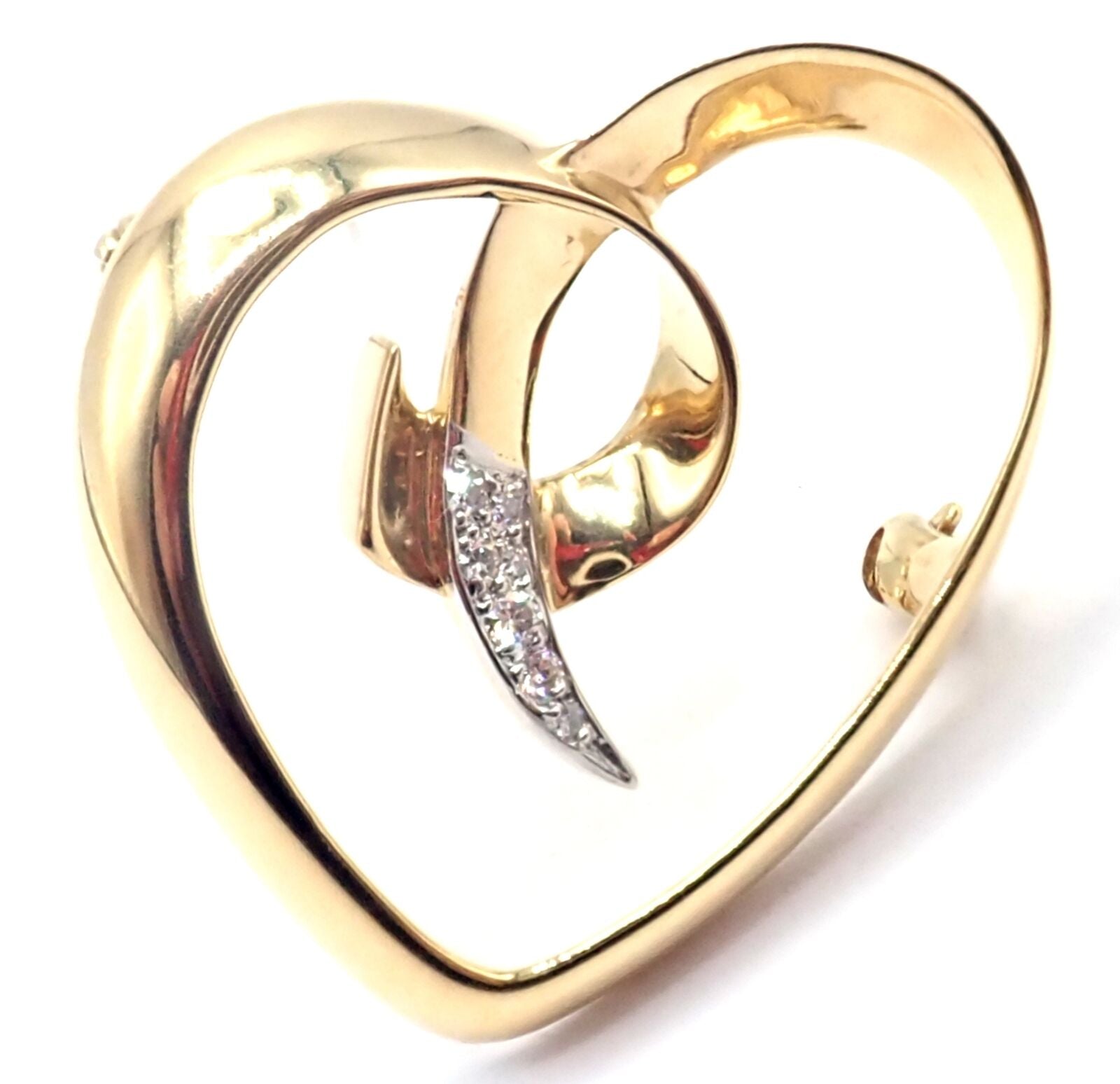 Authentic Tiffany & Co Paloma Picasso 18k Yellow Gold Diamond Heart Pin Brooch - Elegant Jewelry Gift for Women, Perfect for Weddings & Special Occasions