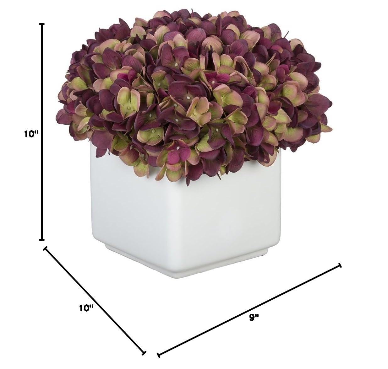 Premium Artificial Hydrangea Flowers in Large White Ceramic Cube Vase - Elegant Home Decor for Living Room, Wedding Centerpiece, Office Desk (Plum/Sage)