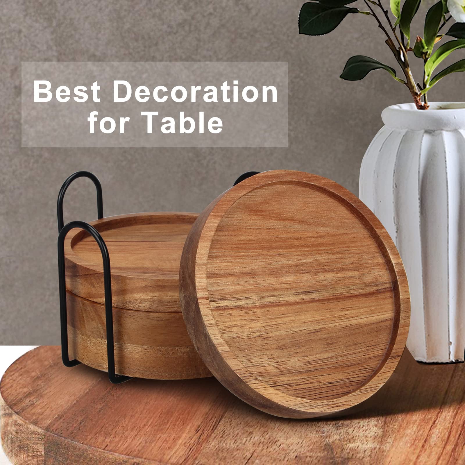 4 Pcs Farmhouse Wooden Coasters with Holder - Rustic Drink Coaster Set for Beer, Coffee & Wine - Home Decor for Kitchen, Dining Table, Bar & Outdoor Use - Perfect Gift Idea for Housewarming & Parties