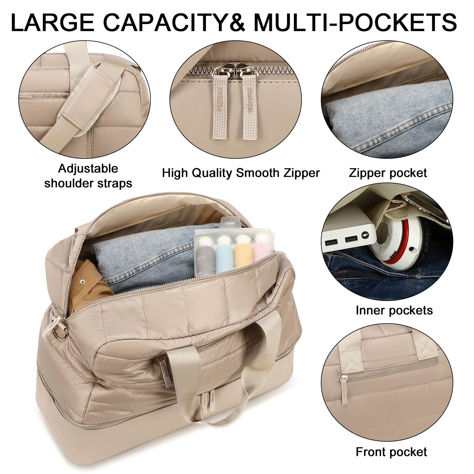 Stylish CAMTOP Quilted Puffer Weekender Bag for Women - Travel Duffle with Shoe Compartment | Perfect Carry-On Overnight Tote for Weekend Getaways, Gym, and Business Trips