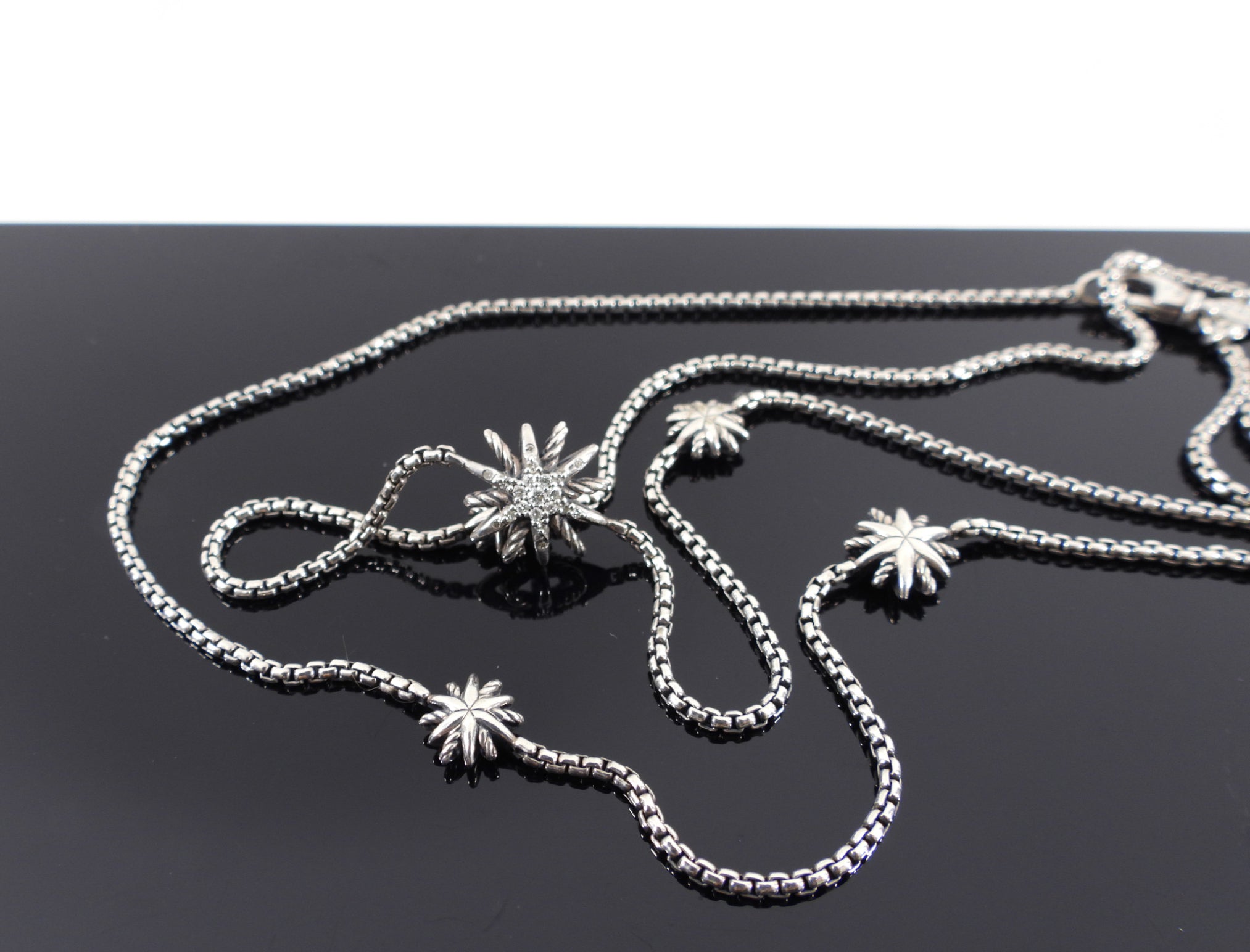 David Yurman Sterling Silver Starburst Diamond Station Long Necklace for Women - Elegant Layering Necklace for Everyday Wear & Special Occasions