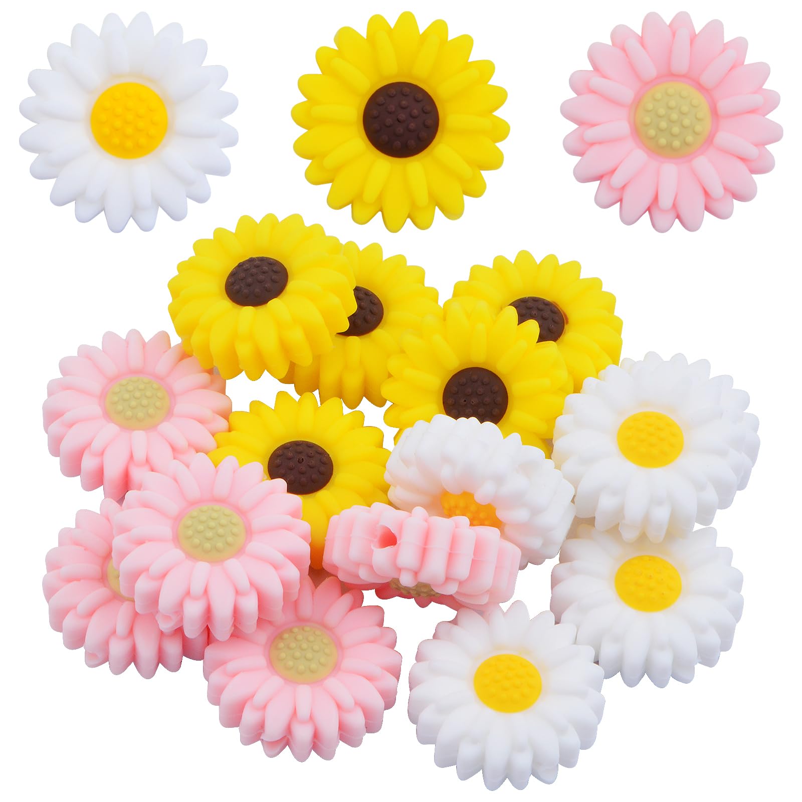 15pcs Sunflower Silicone Beads for DIY Jewelry & Crafts - 20mm Daisy Flower Spacer Beads in 3 Colors, Perfect for Keychains & Lanyards