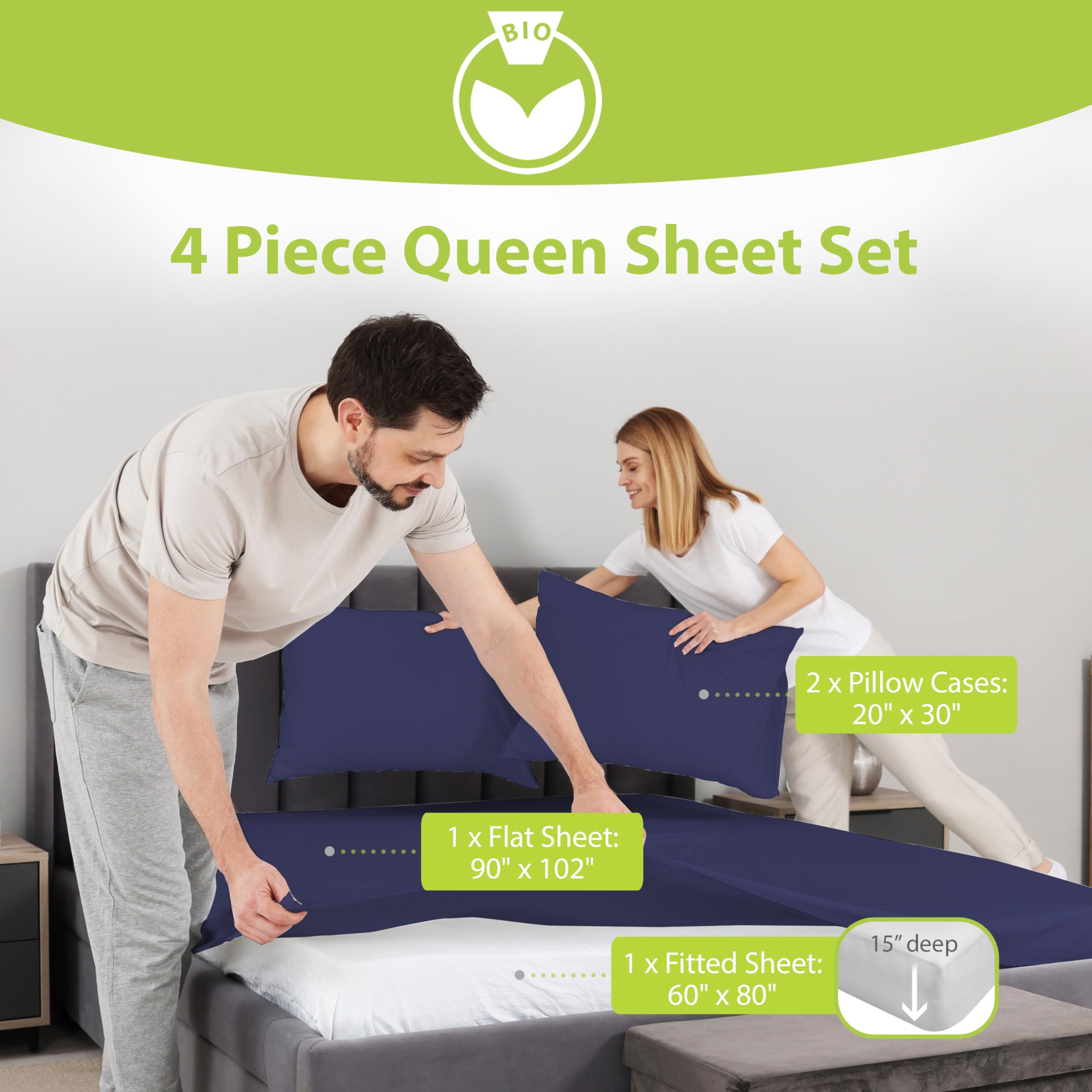 BAMPURE 100% Bamboo Viscose Queen Sheet Set - 4 Piece Ultra Soft Cooling Bed Sheets for Hot Sleepers - OEKO-TEX Certified Hypoallergenic Deep Pocket Sheets (Navy) - Perfect for Summer Nights & Sensitive Skin