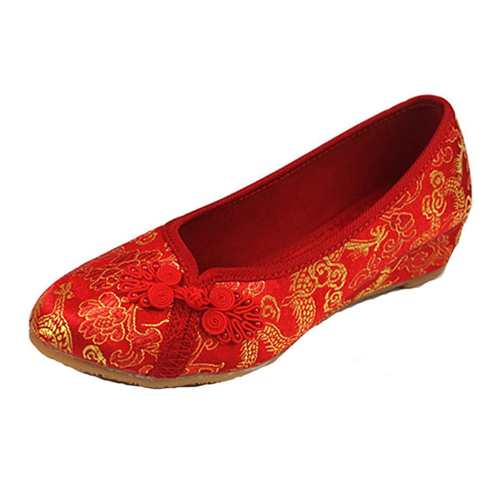 LEIGE Women's Red Flats - Traditional Chinese Embroidered Wedding Shoes with Dragon & Phoenix Design - Vintage Beijing Style Bride Shoes - Size 40 - Perfect for Cultural Weddings, Festivals & Special Occasions