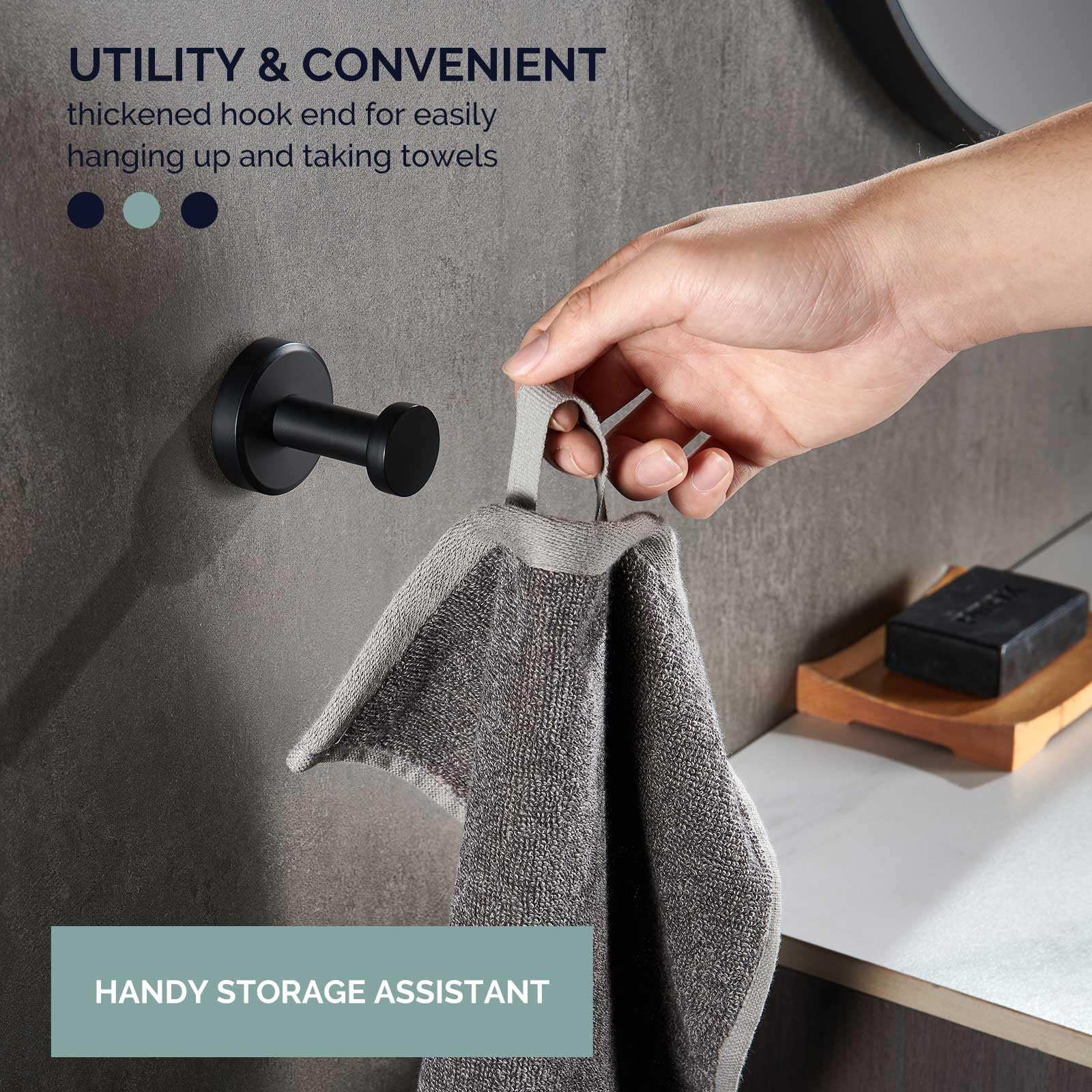 Round Single Towel Hook and Ring Set - Matte Black Bathroom Accessories for Towels, Robes & Hats - Perfect for Bathroom, Kitchen, Laundry Room and Entryway Organization