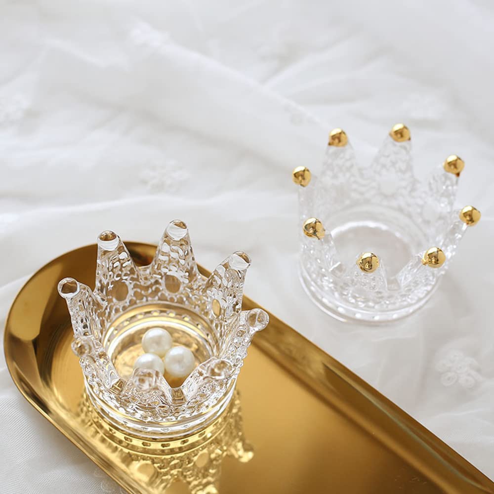 Elegant Crown-Shaped Crystal Glass Candle Holder Set of 2 - Perfect for Makeup Sponge Storage, Jewelry Display, Watch & Nail Art Organizer - Ideal for Wedding, Christmas Decor & Home Decoration