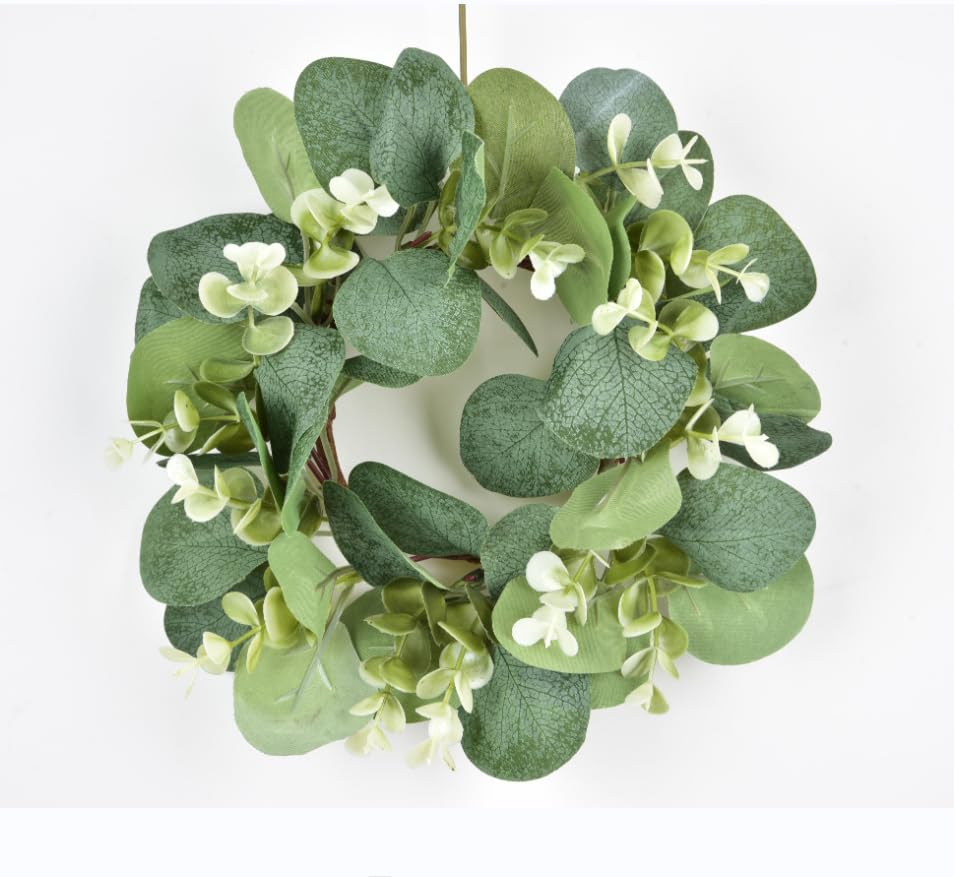 Artificial Eucalyptus Wreath - 9 Inch Farmhouse Greenery Garland for Kitchen, Cabinet, Dining Chairs & Tabletop Decor | Rustic Home Decor, Wedding Centerpiece & Seasonal Wall Hanging