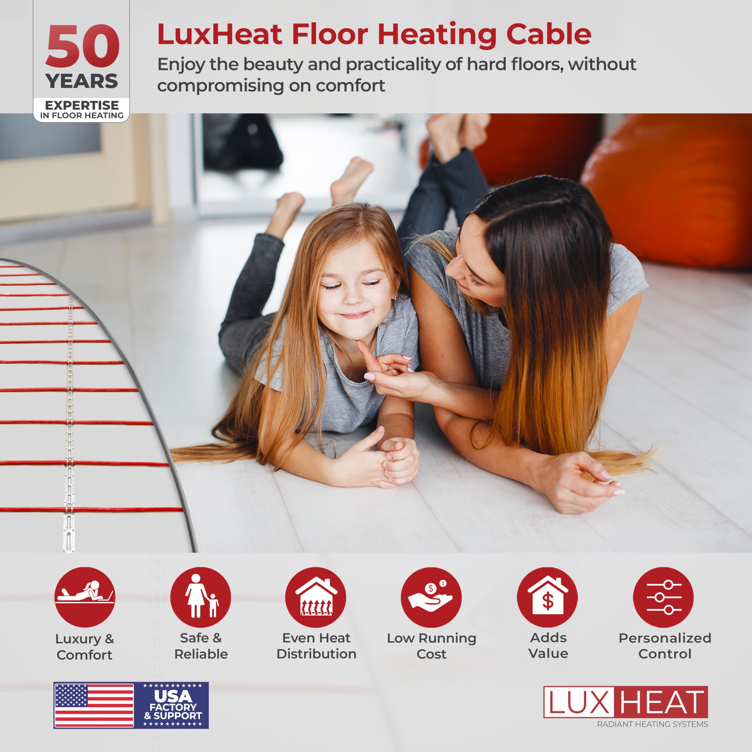 30sqft Electric Floor Heating Cable Kit - 120V Under Tile Heating System for Vinyl, Laminate & Hardwood Floors - Includes Smart Programmable Thermostat with GFCI, Heating Cable, Straps, Sensor & Alarm - Perfect for Bathroom, Kitchen & Basement Floor Warming