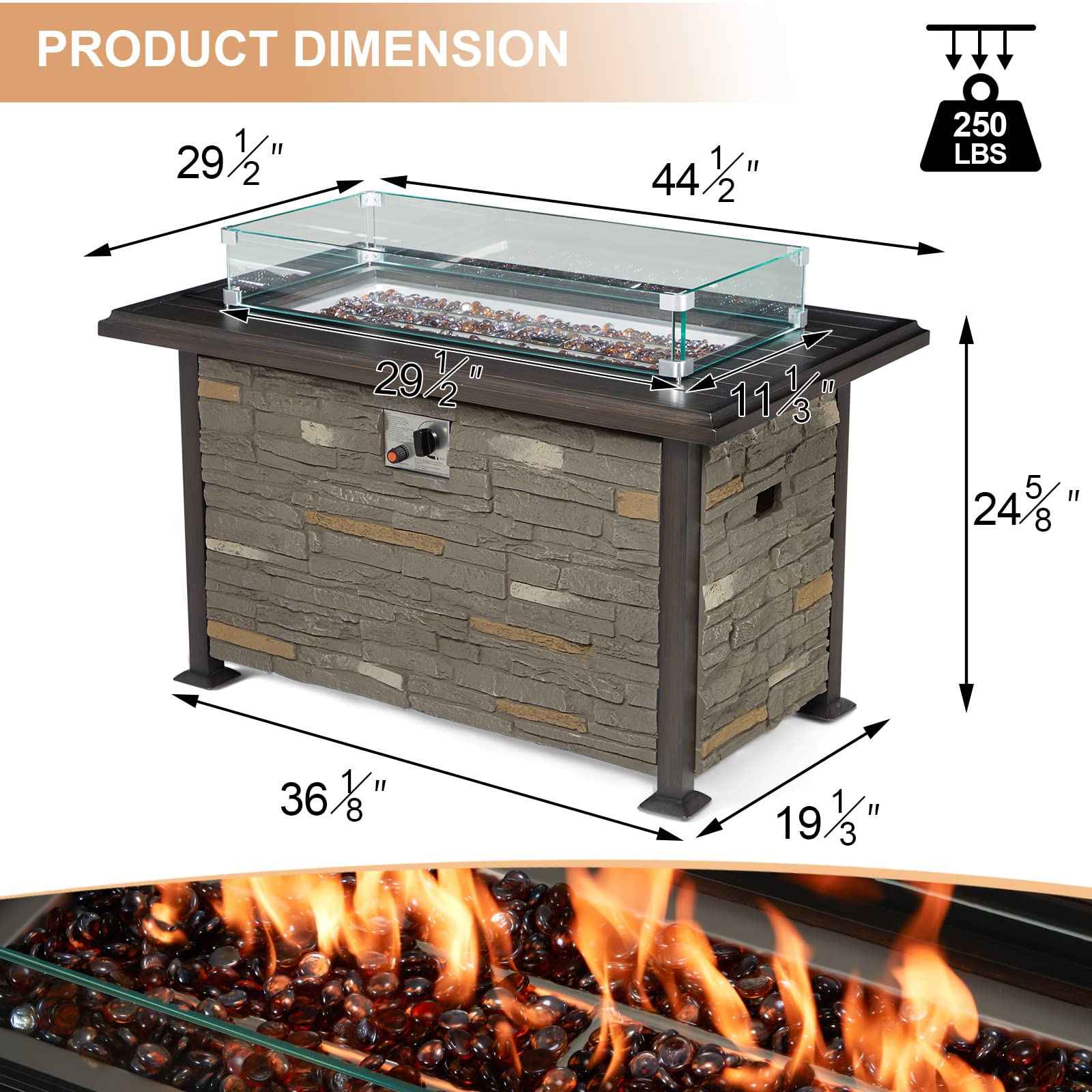 Vicluke 44 Inch Outdoor Propane Fire Pit Table with Faux Ledgestone & Hand-Painted Table Top - 50,000 BTU CSA Certified Fire Table with Wind Guard & Waterproof Cover - Perfect for Patio, Backyard, Christmas Decor (Gray)