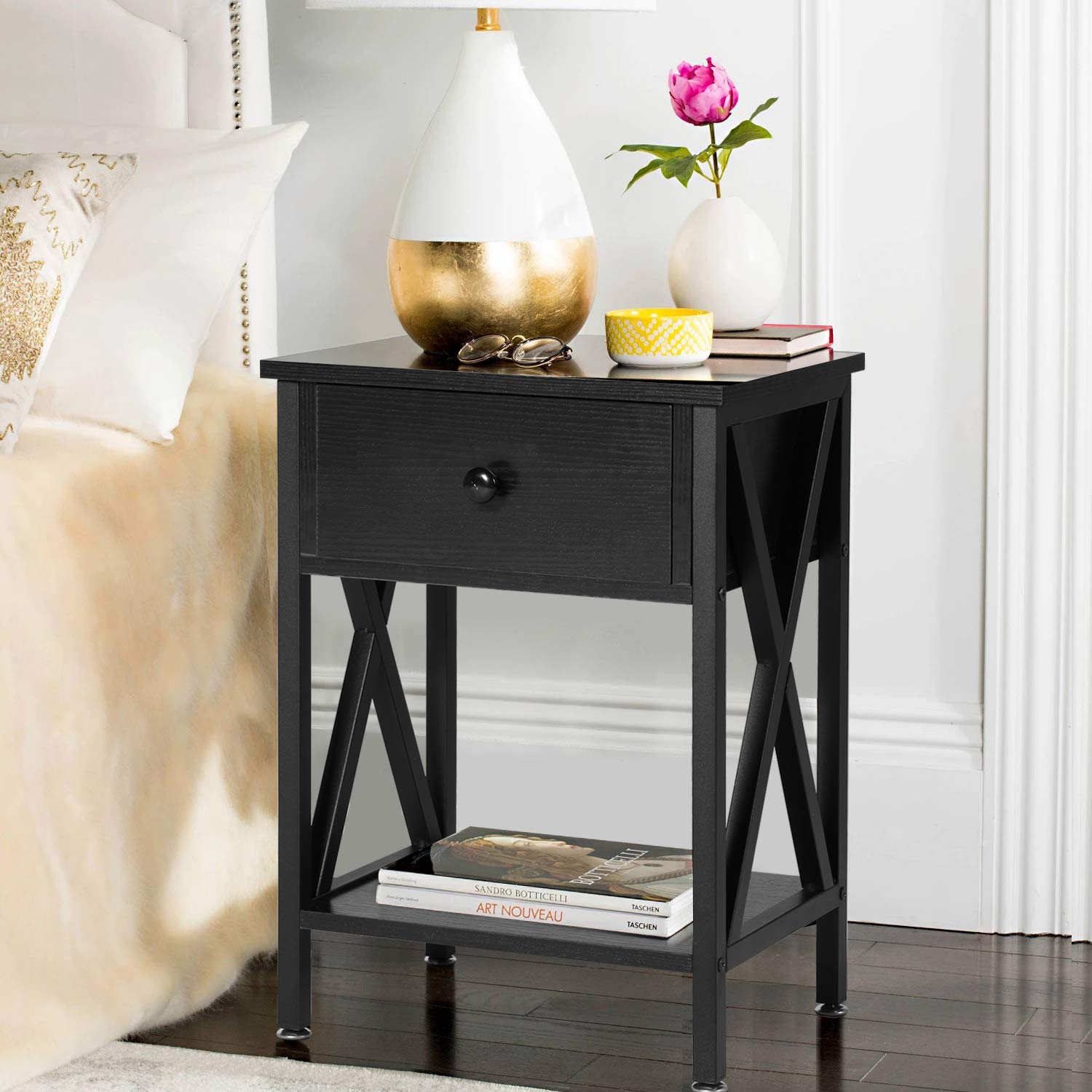 VECELO Modern Nightstand Set of 2 - X-Design Side Table with Storage Shelf & Bin Drawer for Bedroom, Living Room - Versatile End Table for Small Spaces (Black) | Perfect for Apartment, Dorm, Guest Room
