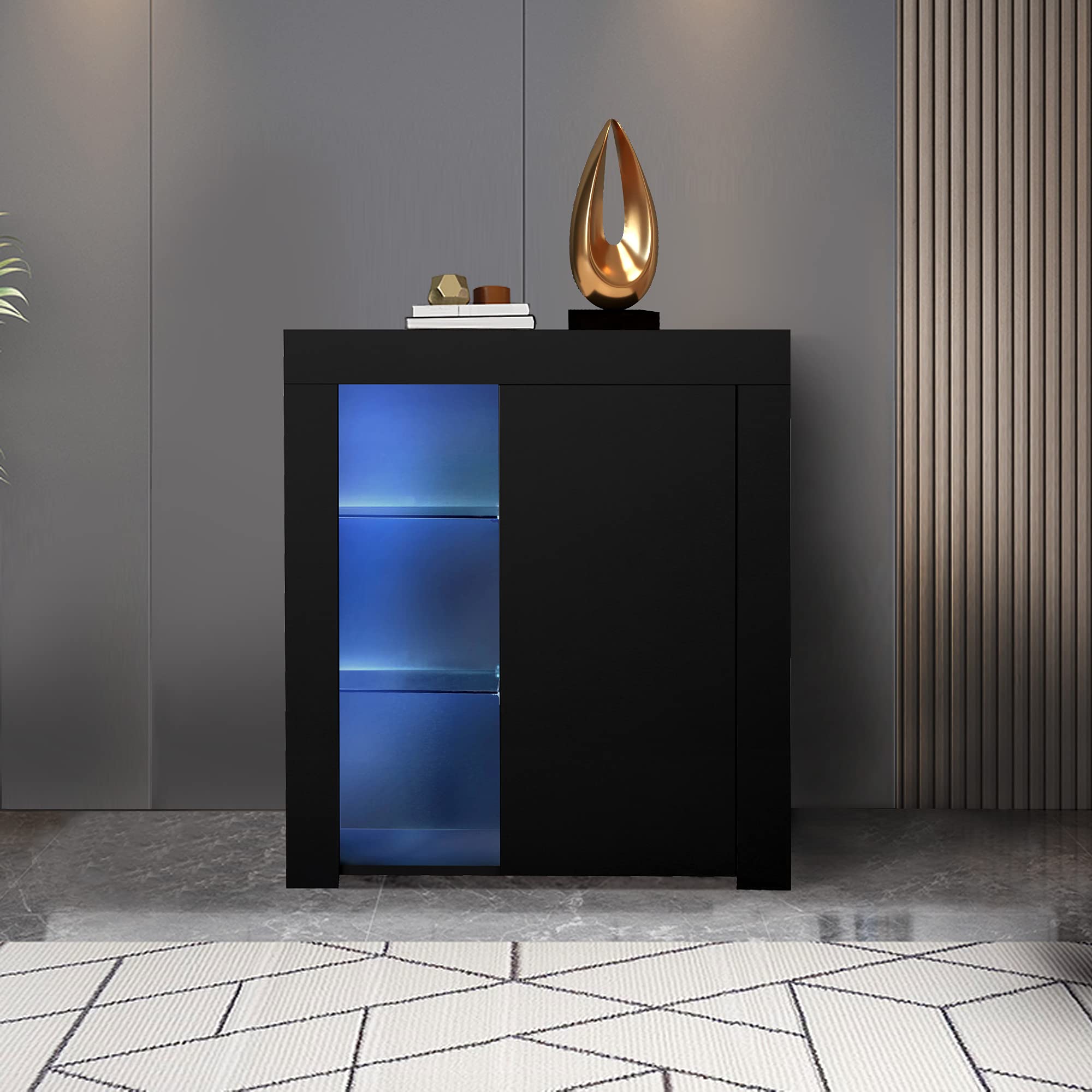 Modern Buffet Cabinet with Lights - Kitchen Sideboard Storage with Display Shelf & 1 Door - Black Console Table for Dining Room, Living Room & Restaurant Use - Perfect for Entertaining Guests & Stylish Home Storage