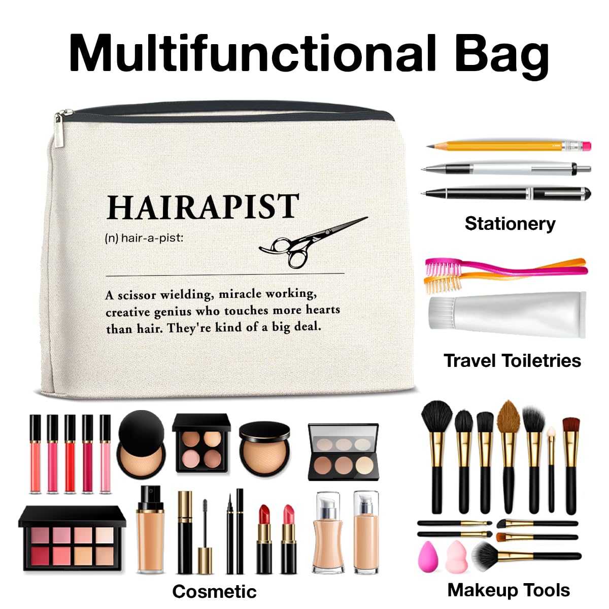 YeleY Hairapist - Professional Hair Stylist Gift for Women - Definition Cosmetic Makeup Bag with Zipper Pouch - Perfect for Salon Professionals, Beauty Students & Hairstylist Appreciation Gifts