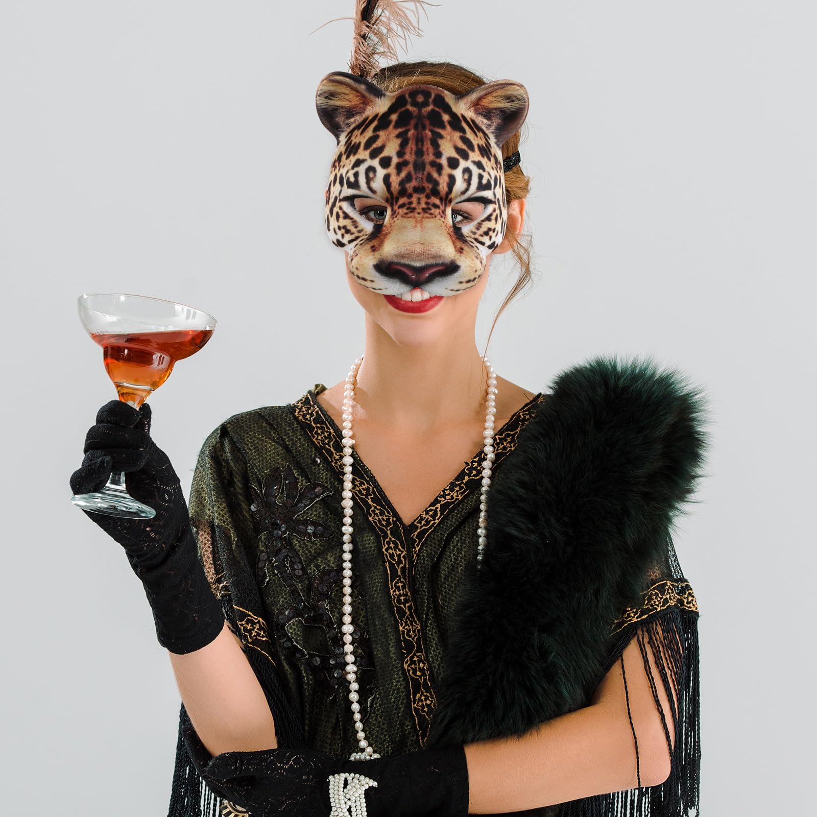 Leopard Half Face Mask for Halloween & Cosplay - Animal Mardi Gras Kabuki Cat