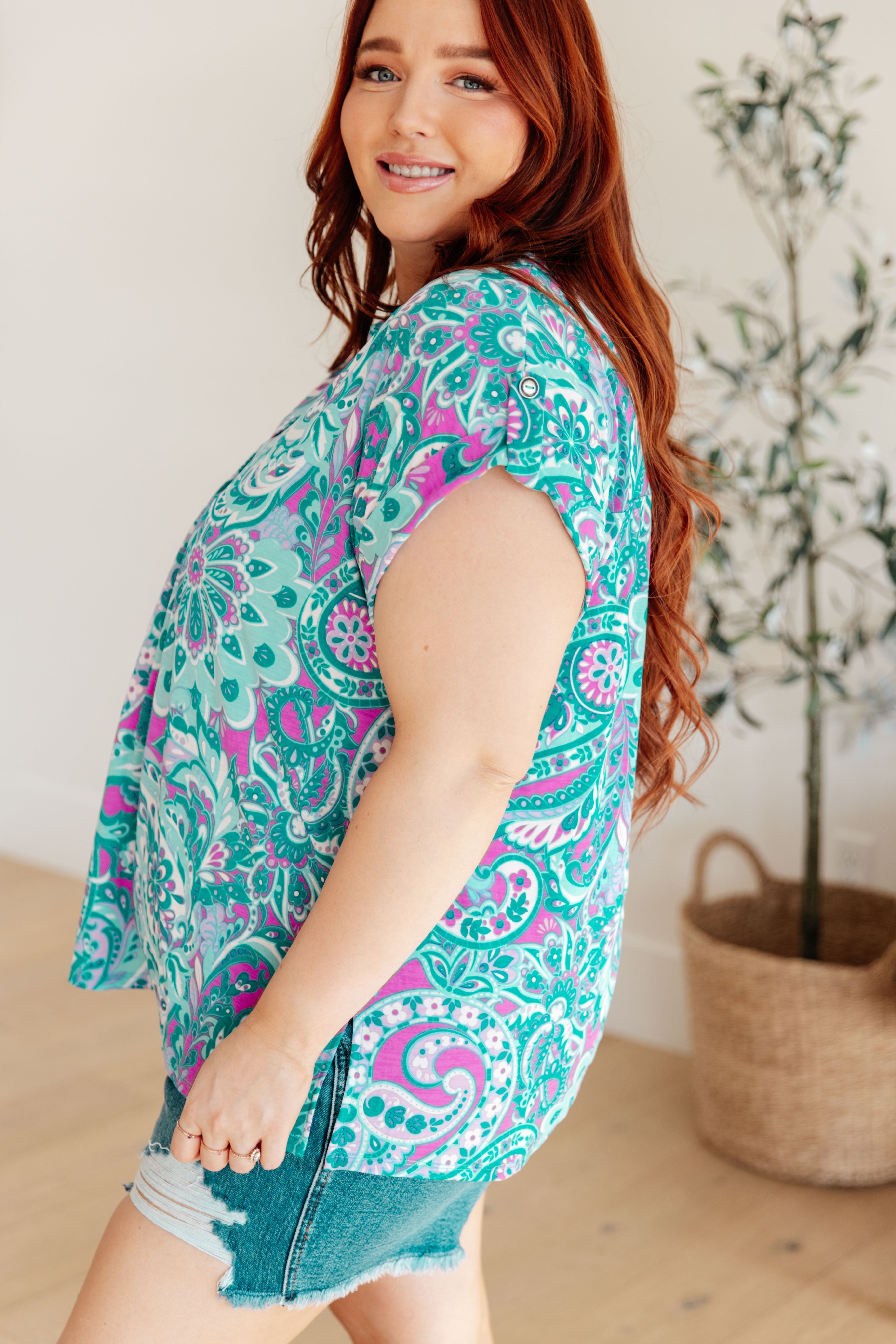 Lizzy Cap Sleeve Top for Women - Floral Paisley Print in Magenta & Teal | Casual Blouse for Summer, Date Night & Office Wear