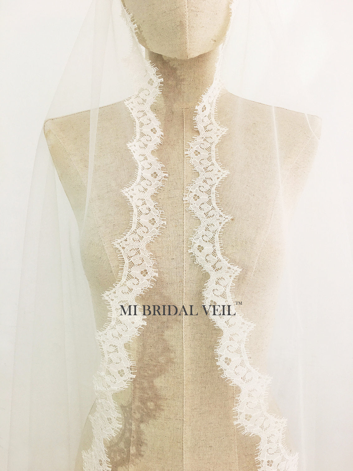 Elegant Cathedral Lace Wedding Veil with Blusher - Mantilla Lace Bridal Veil for Bride | Perfect for Church Weddings, Formal Ceremonies & Romantic Photos