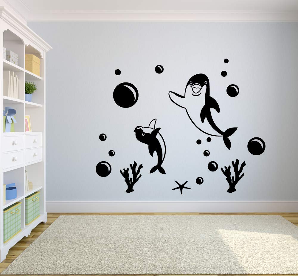 Happy Dolphin Family & Friends Sea Ocean Animal Wall Stickers - 8x10 Inch Vinyl Decal for Kids Room, Nursery, Bedroom, Kindergarten - Fun Home Decor & Wall Art - Perfect for Beach Themed Rooms & Underwater Party Decorations