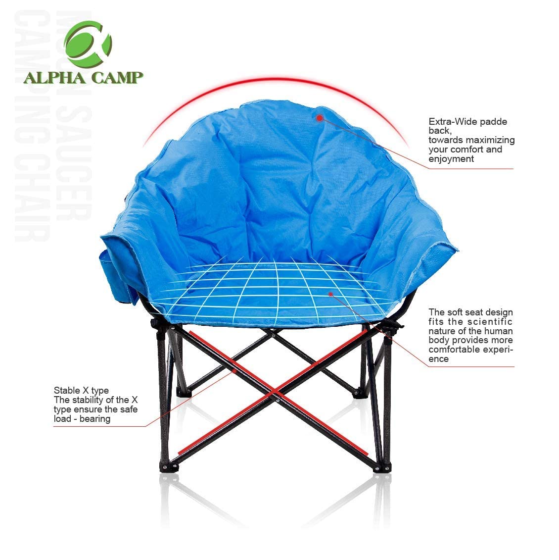 ALPHA CAMP Oversized Padded Moon Round Camping Chair - Portable Saucer Recliner with Cup Holder & Carry Bag for Outdoor, Beach, Picnic, and Backyard Relaxation