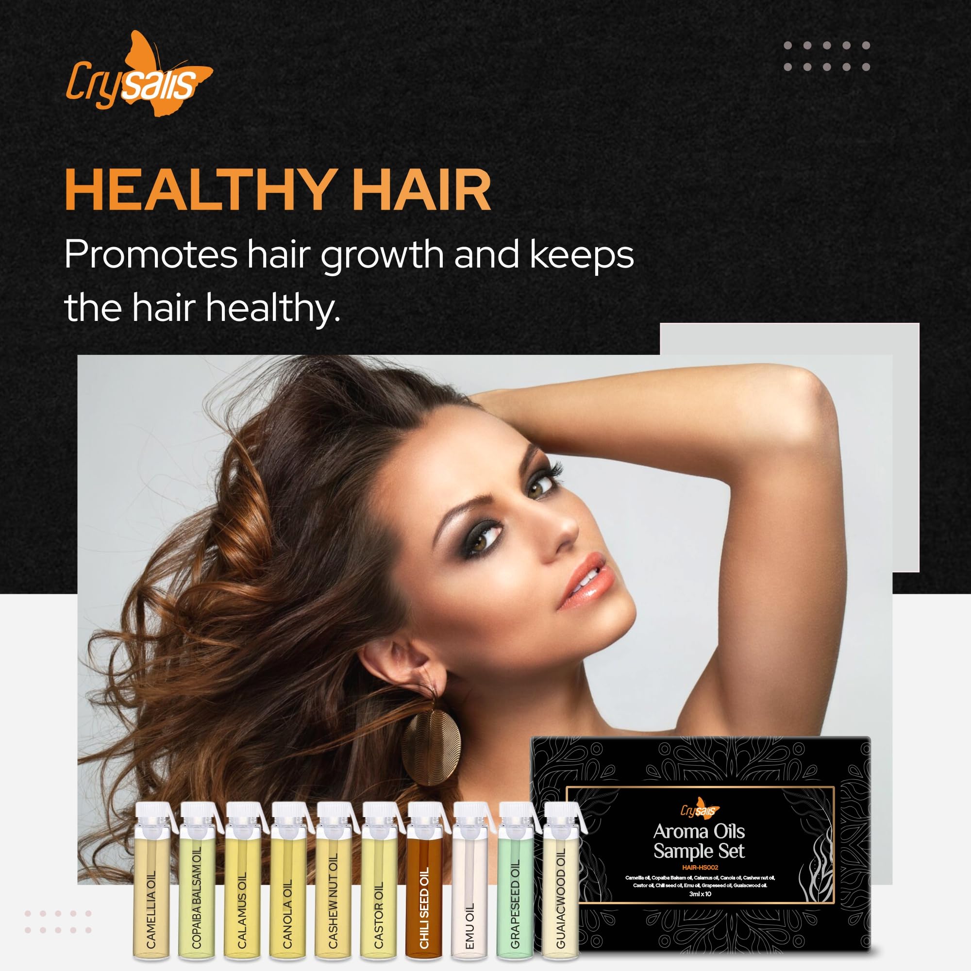 CRYSALIS Premium Hair Care Oil Set - 10x3ml (Camellia, Copaiba Balsam, Calamus, Canola, Cashew, Castor, Chilli Seed, Emu, Grapeseed & Guaiacwood Oils) | Nourishing Scalp Treatment for Dry Hair Repair & Growth | Perfect for Daily Hair Care Routine & Spa Treatments