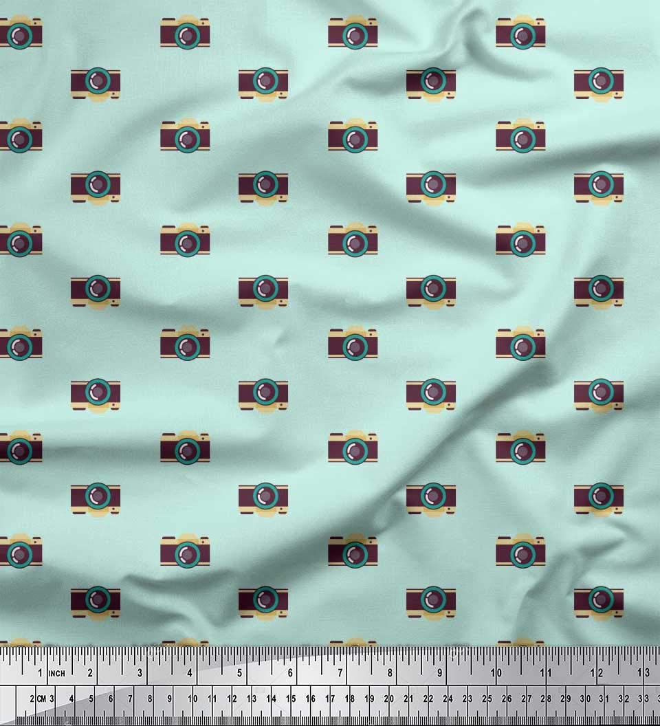 Soimoi Rayon Green Fabric by The Yard - 42 Inch Wide Camera Print Shirting Material - Travel-Themed Photography Fabric for DIY Apparel, Quilting & Home Decor Projects - Perfect for Shirts, Dresses & Crafting