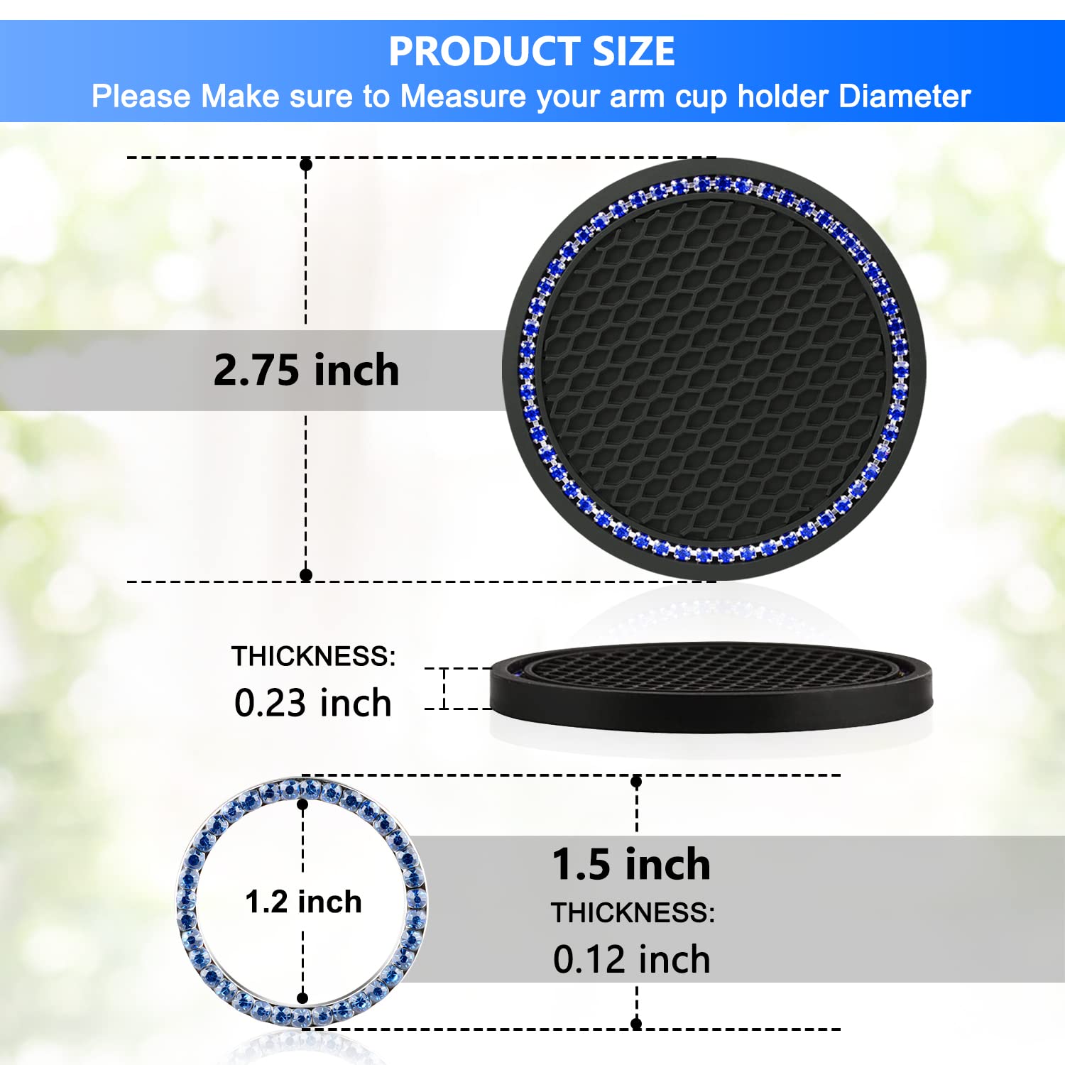 Ouzorp 4Pcs Bling Crystal Rhinestone Car Cup Holder Coasters with Push Start Button - Blue Car Interior Accessories for Luxury Vehicles & Gift Ideas