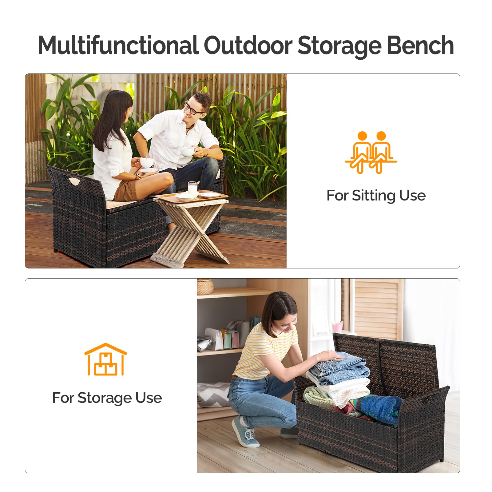 VINGLI 40 Gallon Outdoor Storage Bench with Cushion - Rattan Wicker Deck Box with Seat for Patio, Garden, Balcony, Porch, Pool & Yard | Weather-Resistant Brown Frame & Beige Cushion | Perfect for Outdoor Seating, Blanket Storage & Poolside Organization
