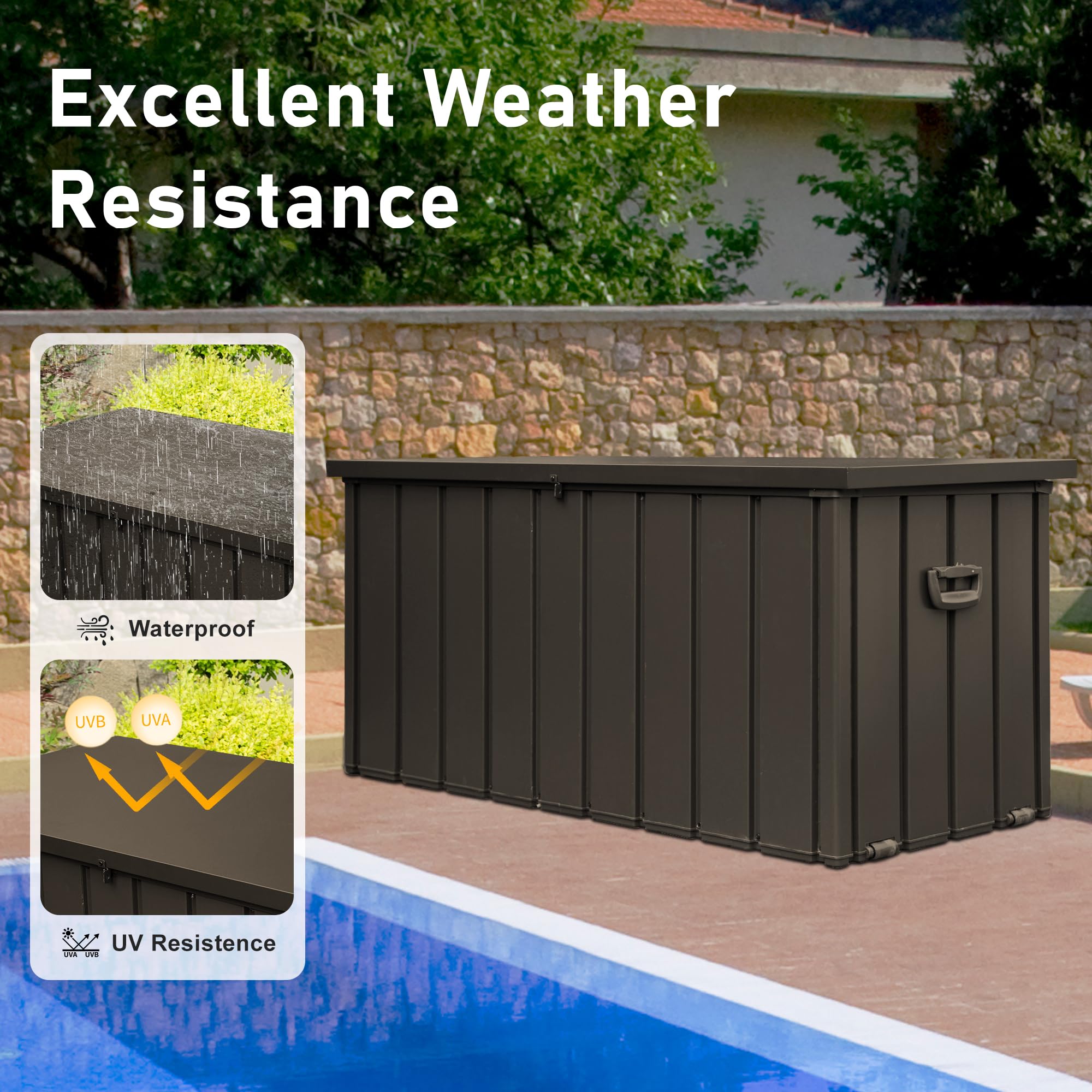 120 Gallon Outdoor Deck Box - Lockable Waterproof Storage Cabinet for Patio Furniture, Garden Tools & Pool Supplies | Large Metal Storage Bin for Cushions & Outdoor Gear | Durable Brown Deck Box for Backyard, Patio & Poolside Organization