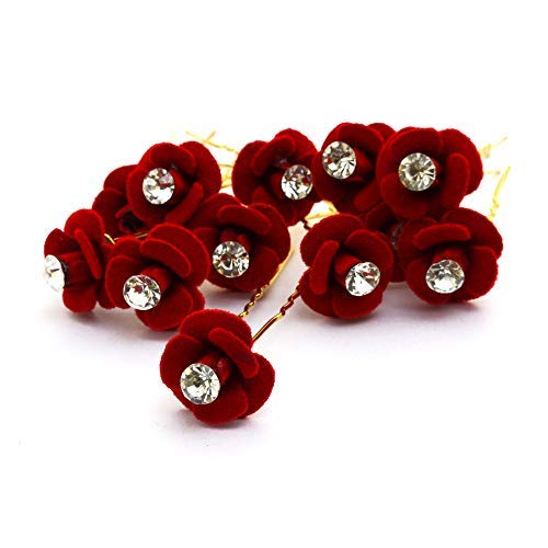 Rapidsflow 12-Piece Golden Bridal Hair Pins Set for Women - Red Flower Crystal Rhinestone Juda Pins for Wedding, Party & Special Occasions