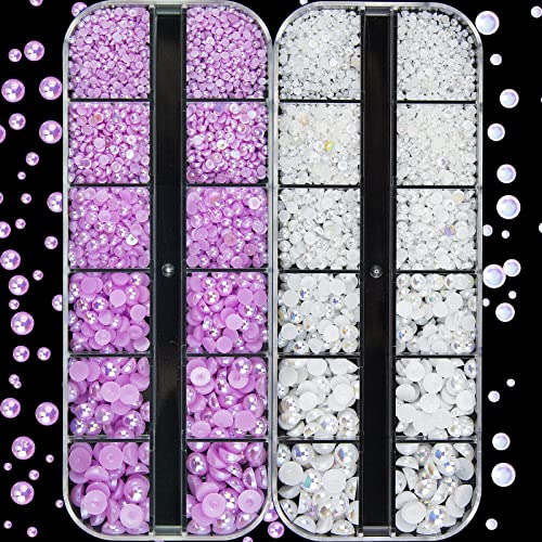 4000Pcs White & Purple AB Half Pearls - Flat Back Mixed Sizes Beads for Nail Art, DIY Jewelry, Shoes & Clothing Decoration | Satin Luster Craft Beads for Face Art, Scrapbooking & Home Decor Projects